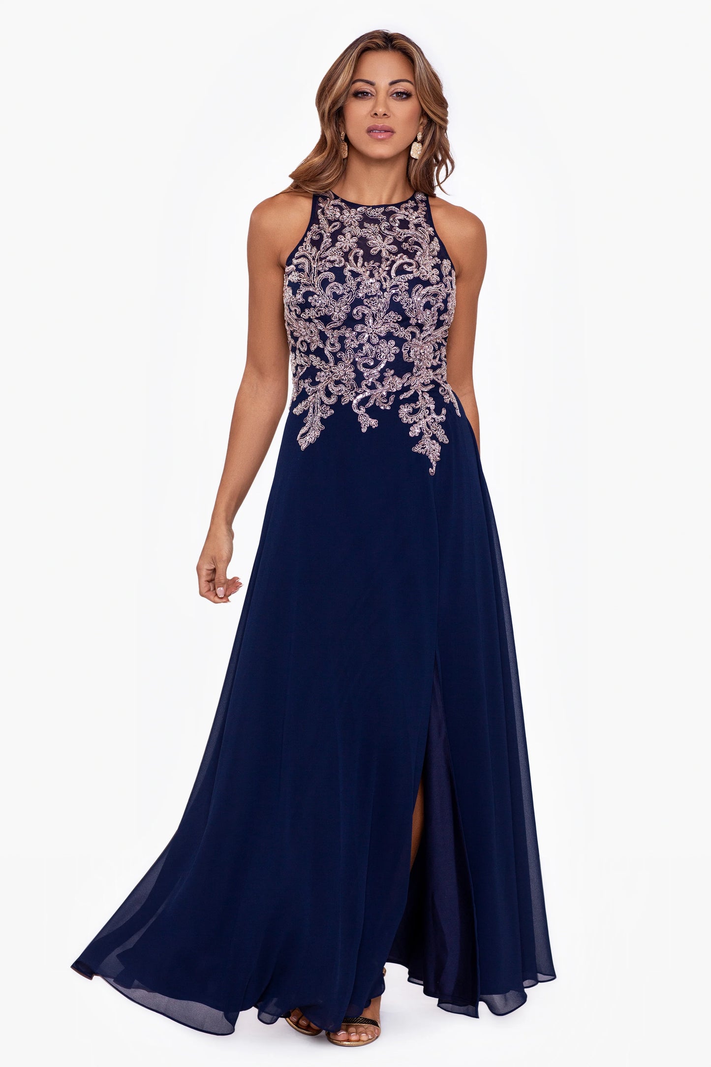 "Katie" Long Chiffon Beaded Halter Dress