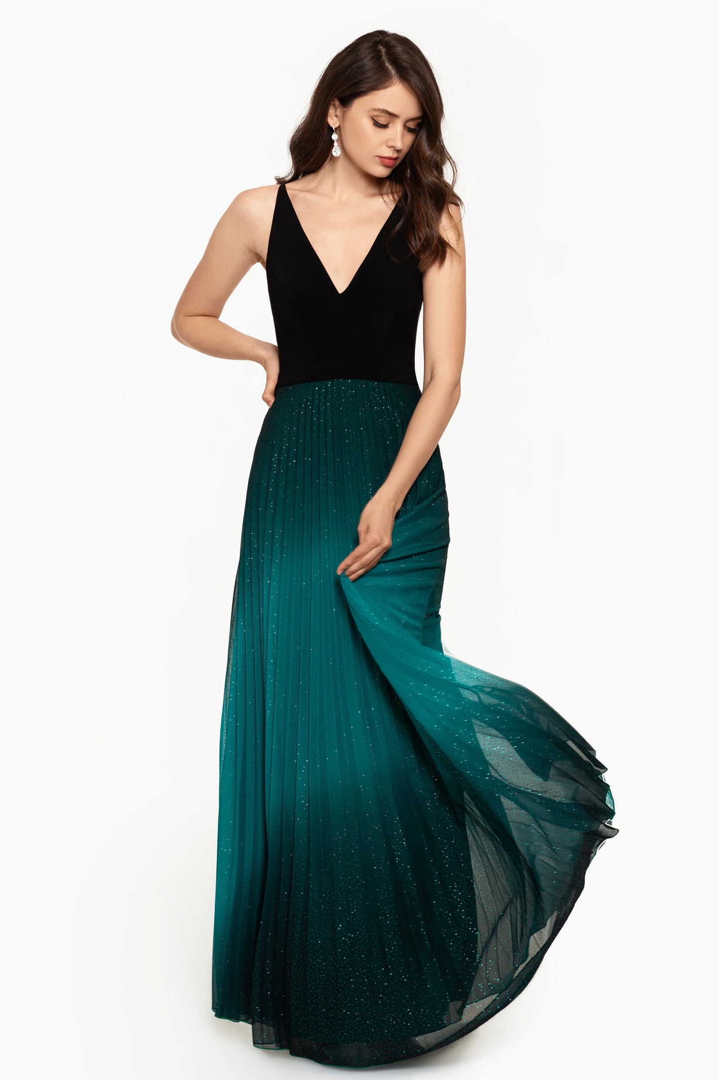 "Berkley" Long V- Neck Jersey Knit Pleated Glitter Skirt Dress