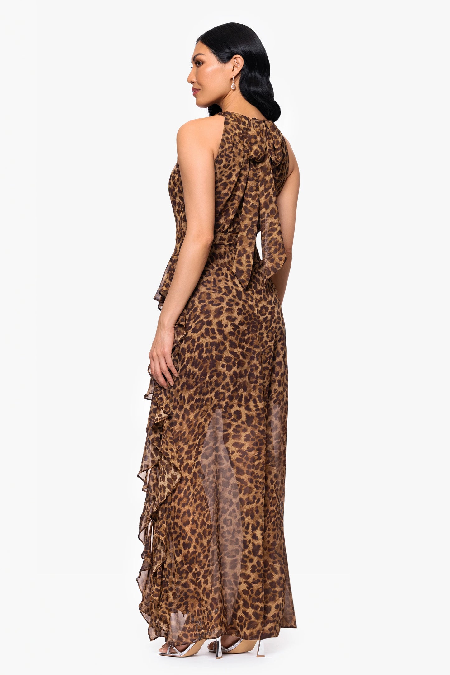 "Andie" Print Chiffon Halter Neck Ruffle Floor Length Dress