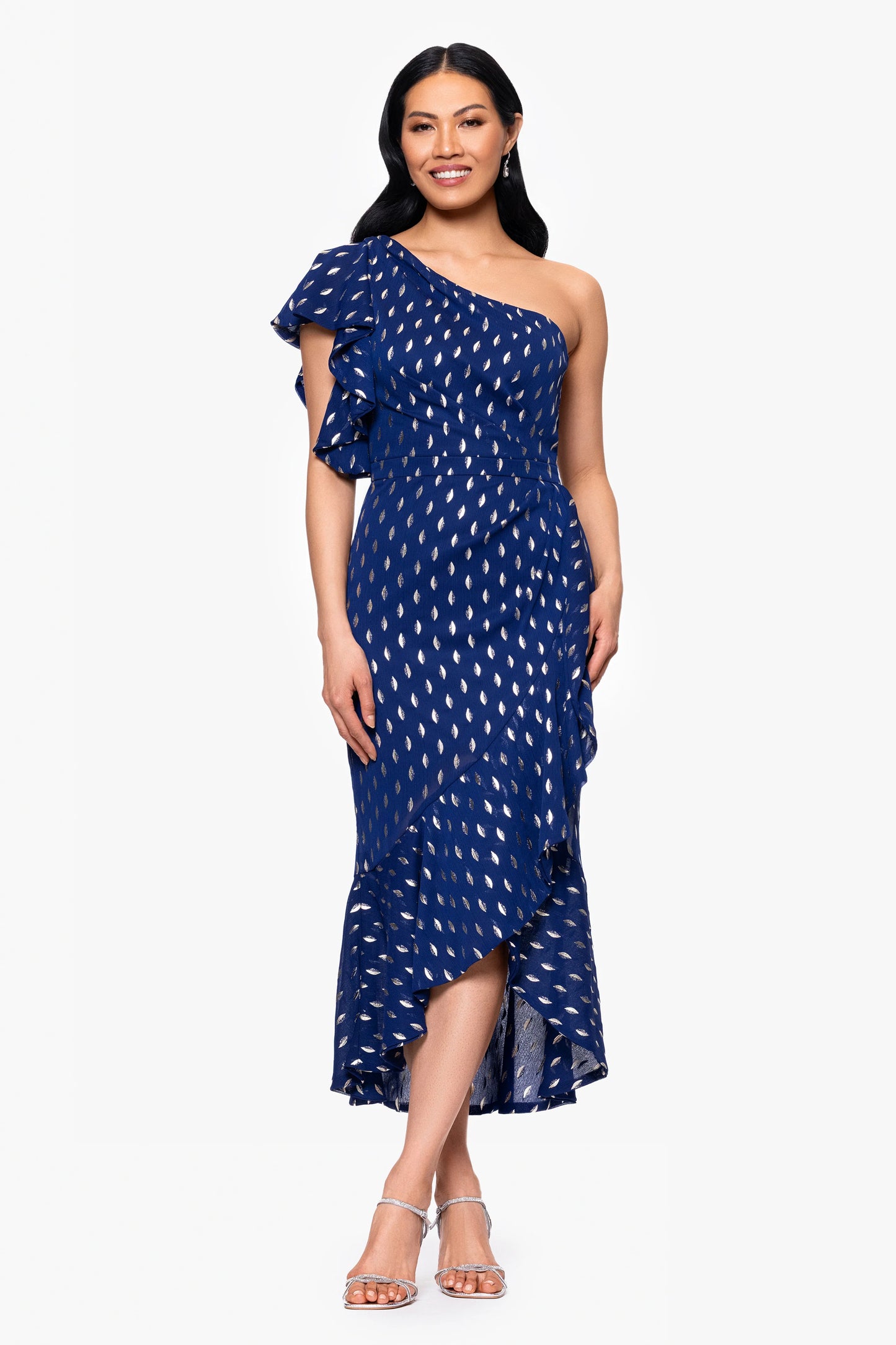 "Nyla" Chiffon One Shoulder Ruffle Midi Dress