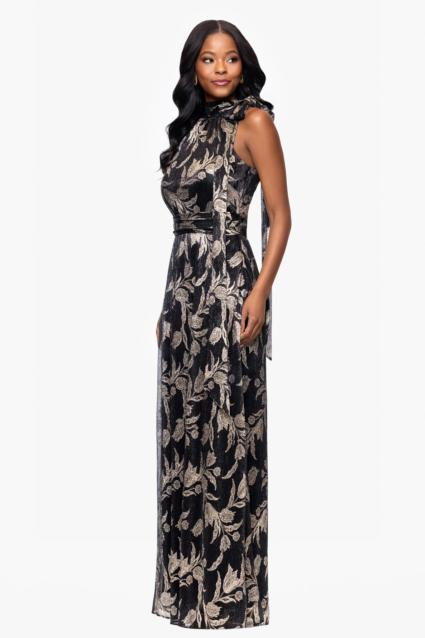 Petite "Hillary" Metallic Halter Bow Neck Floor Length Dress