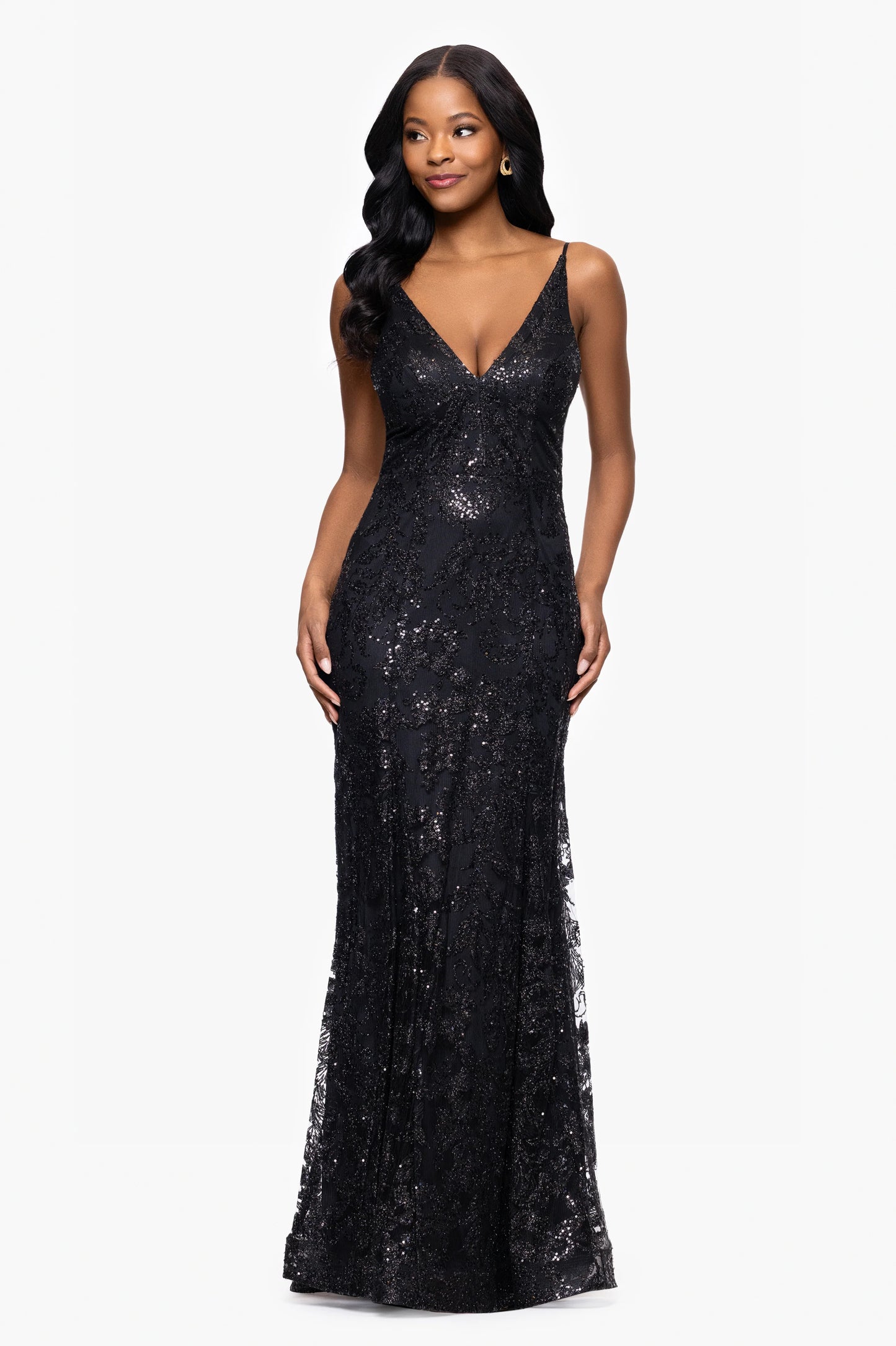 Blondie Nites "Zoey" Glitter V-Neck Floor Length Dress