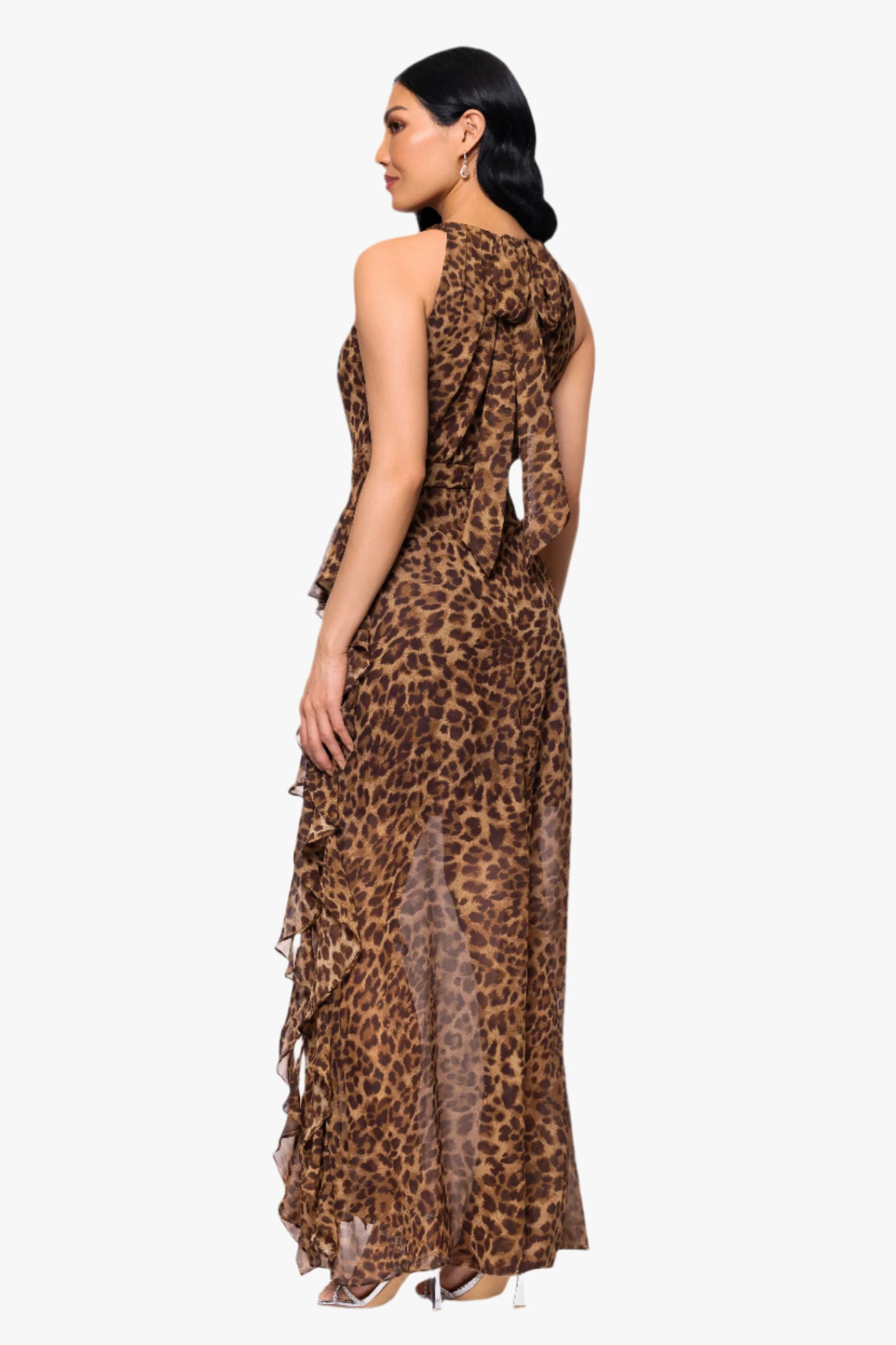 Petite "Andie" Print Chiffon Halter Neck Ruffle Floor Length Dress