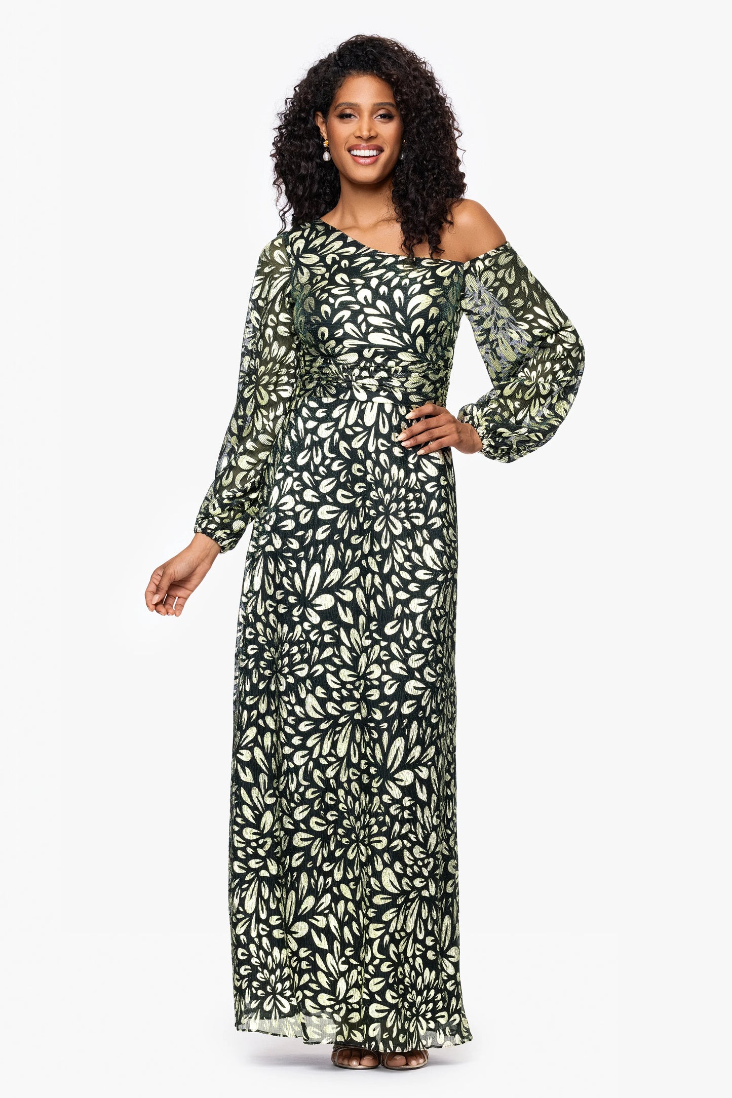 Petite "Malia" Metallic Off the Shoulder Long Sleeve Floor Length Dress
