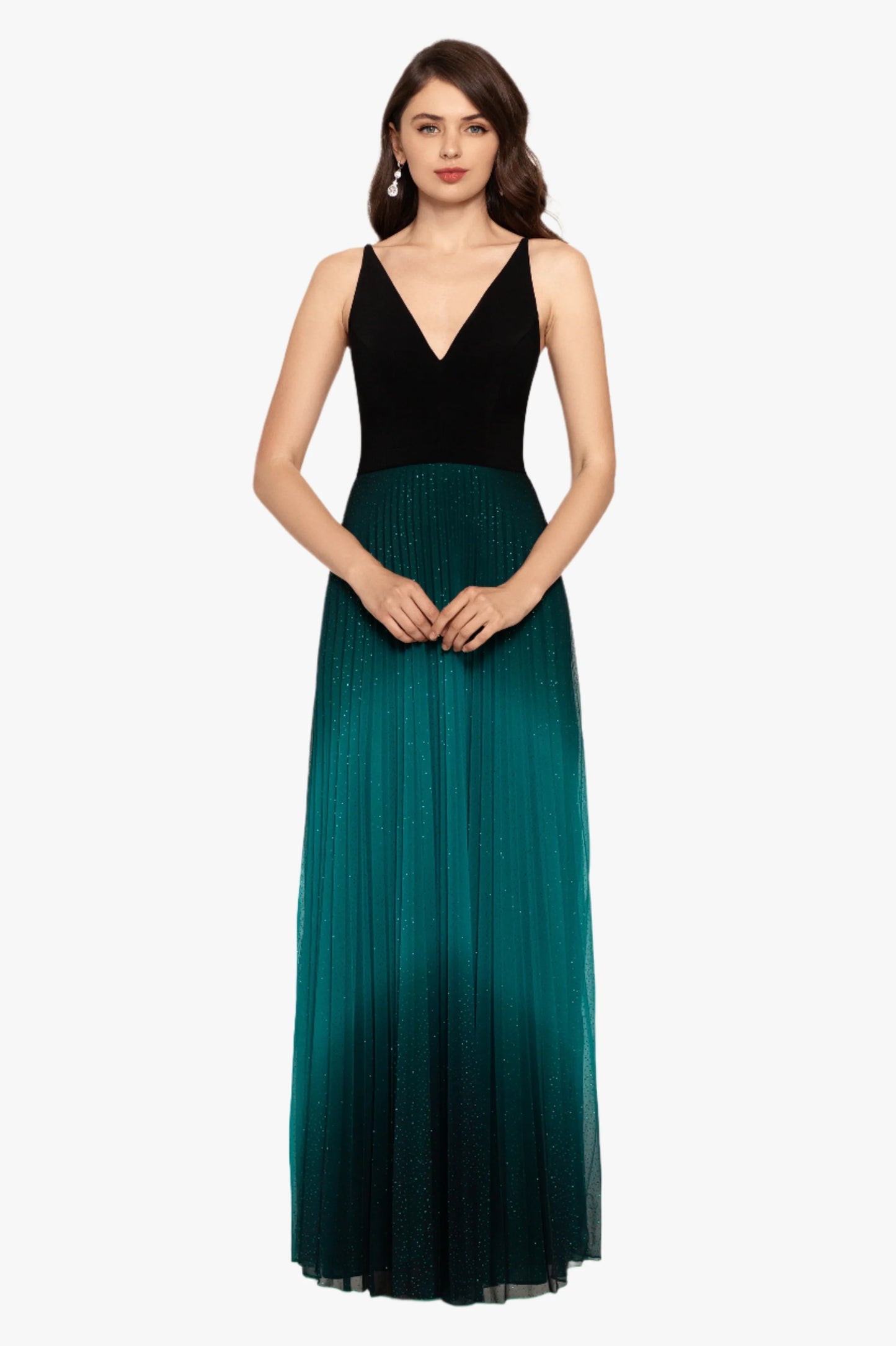 "Berkley" Long V- Neck Jersey Knit Pleated Glitter Skirt Dress