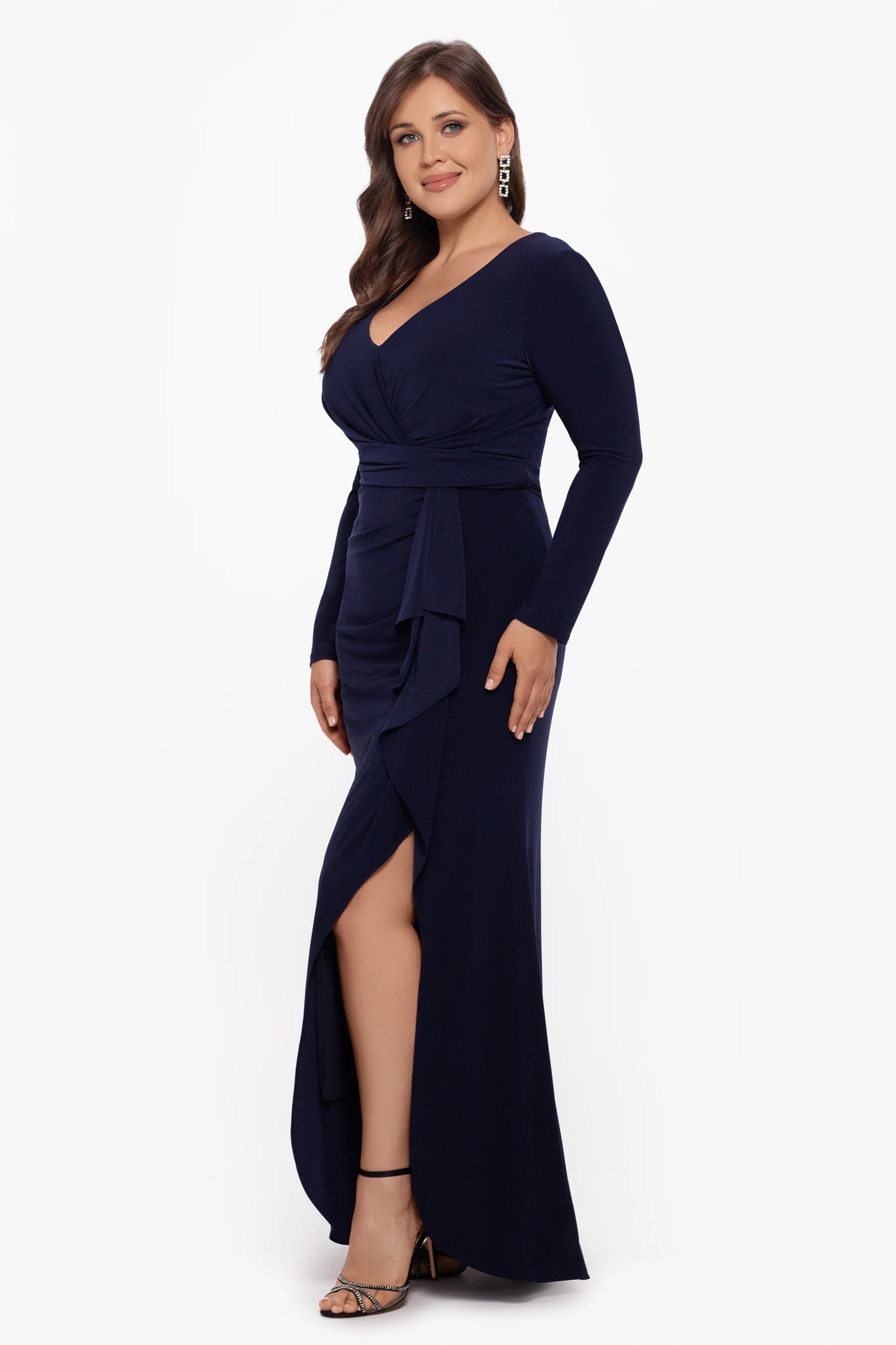 Plus "Elle" Long Sleeve Side Ruffled Slit Gown