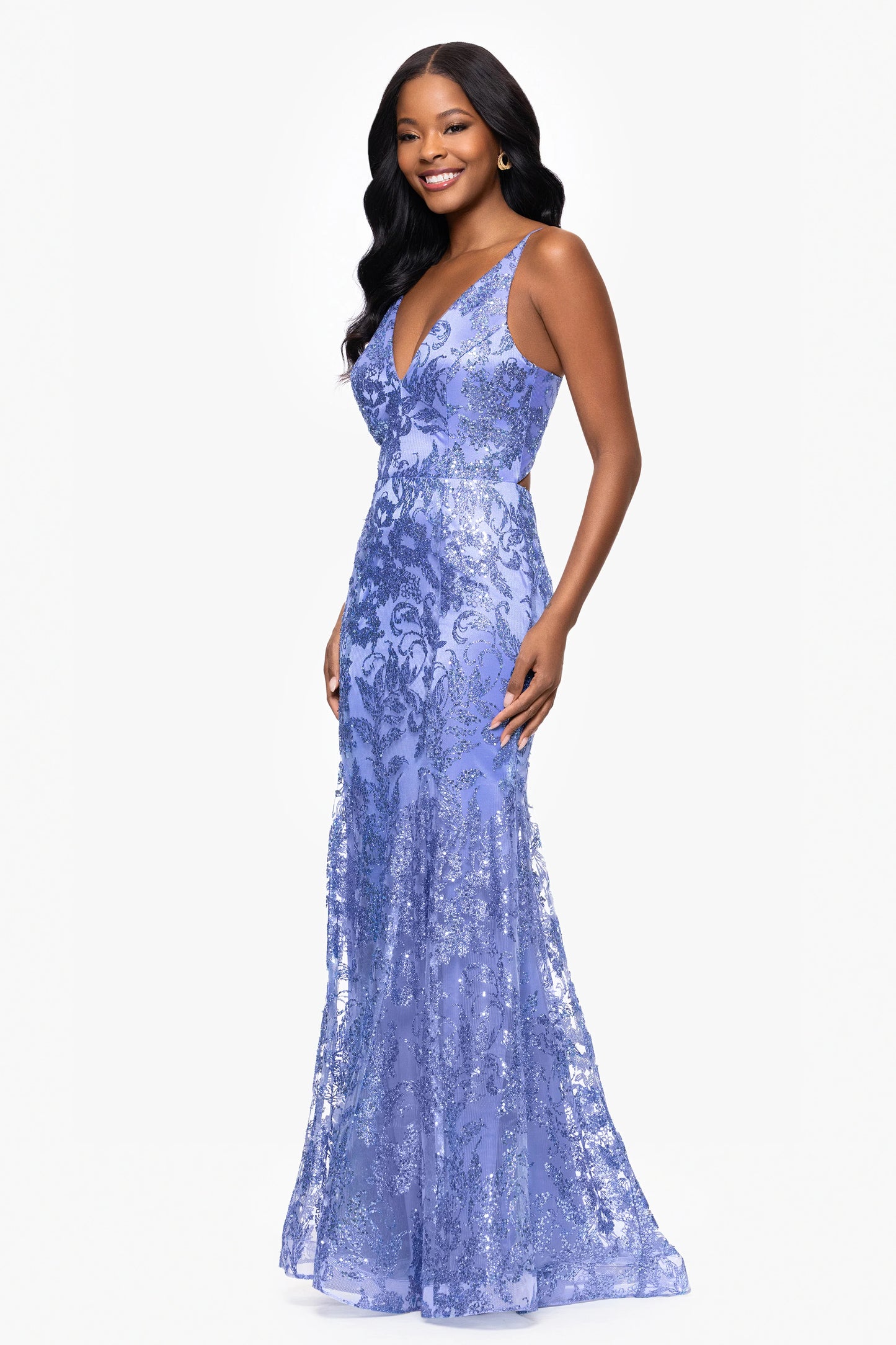 Blondie Nites "Zoey" Glitter V-Neck Floor Length Dress