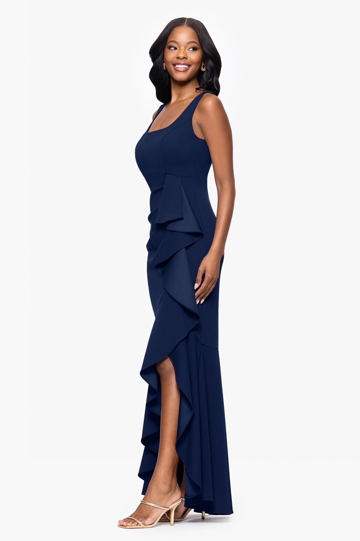 "Lilly" Scuba Crepe Square Neck Ruffle Floor Length Dress