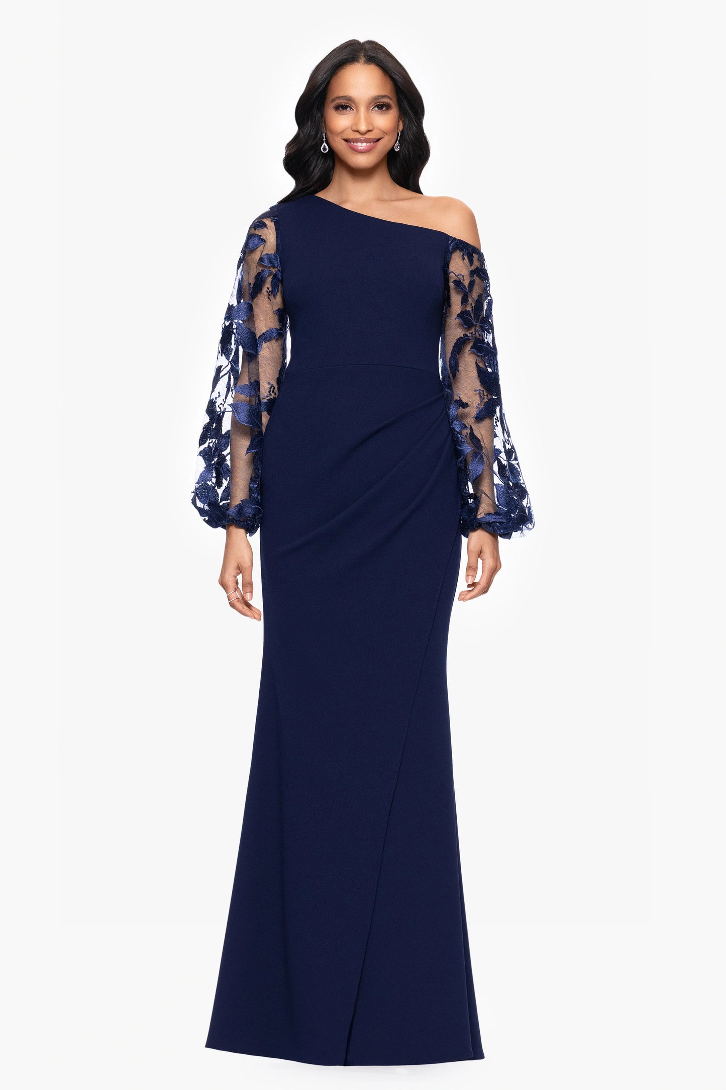 "Reagan" Scuba Crepe Embroidered Long Sleeve Off Shoulder Floor Length Dress