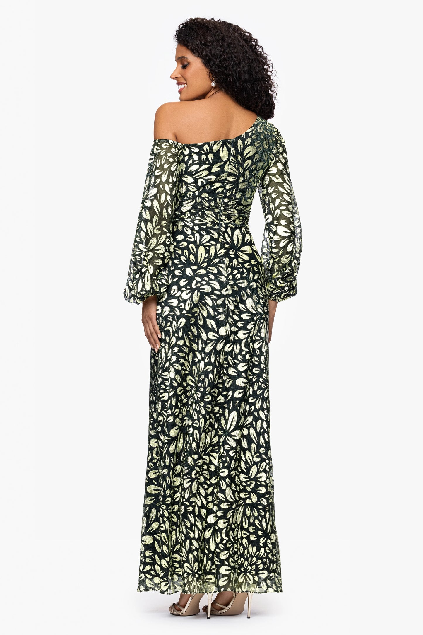 Petite "Malia" Metallic Off the Shoulder Long Sleeve Floor Length Dress