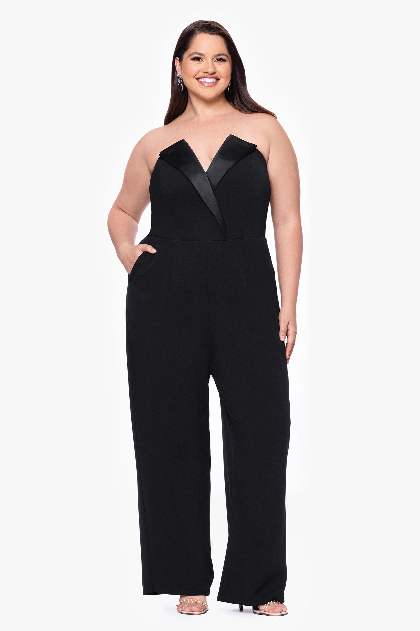 Plus "Tasha" Long Strapless Tuxedo Jumpsuit
