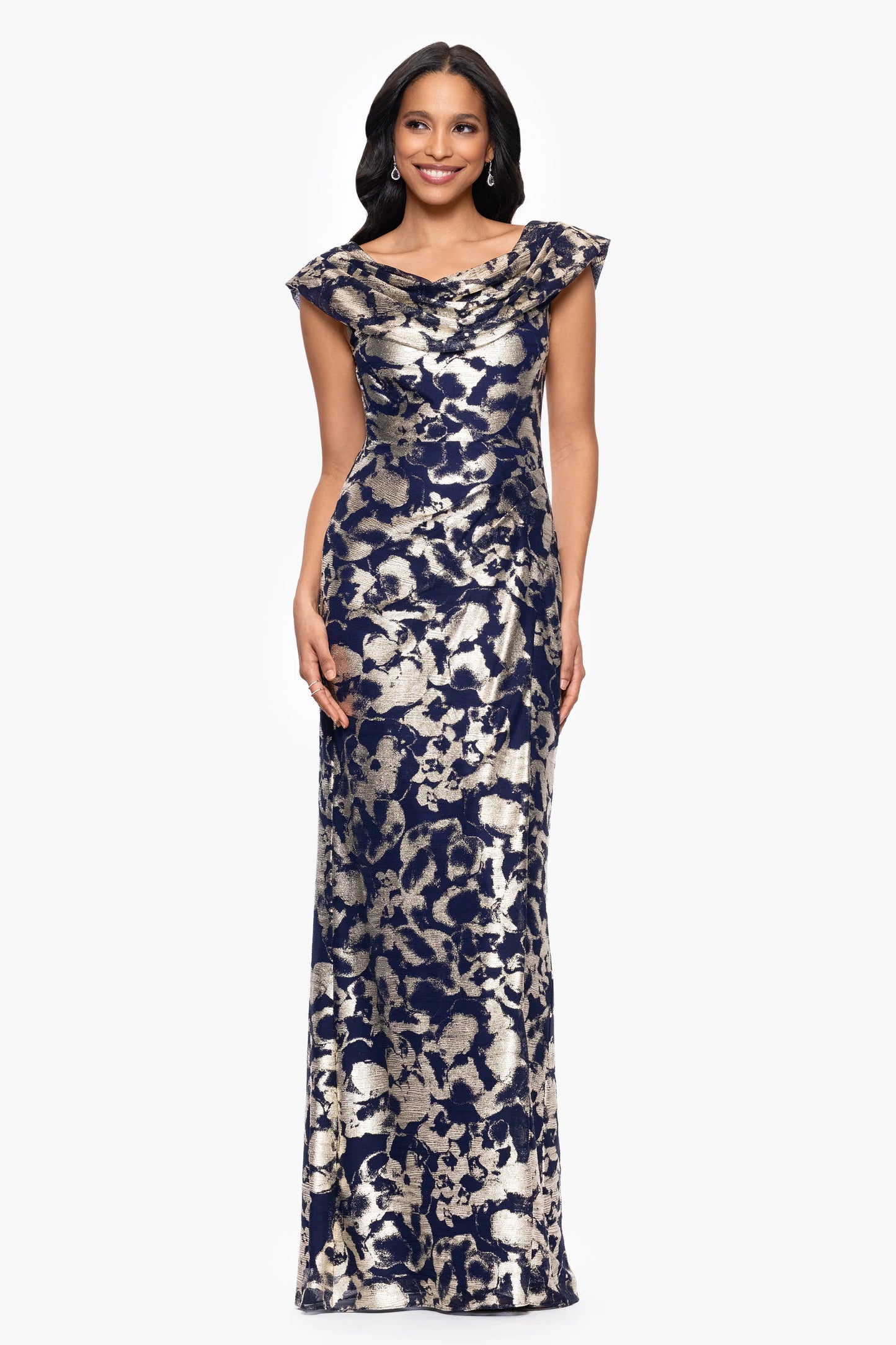 "Bianca" Metallic Cowl Neck Floor Length Dress