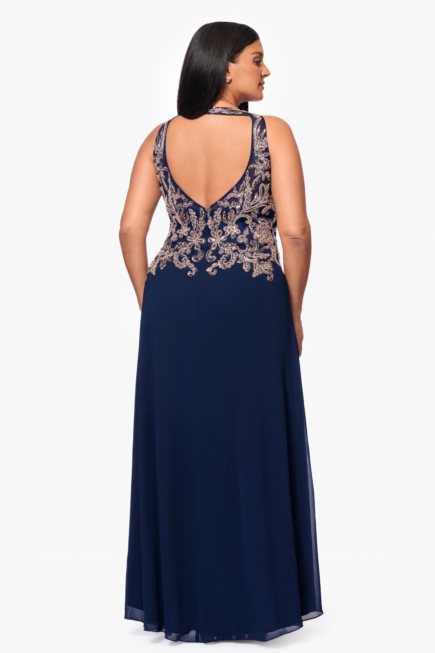 Plus "Katie" Long Chiffon Beaded Halter Dress