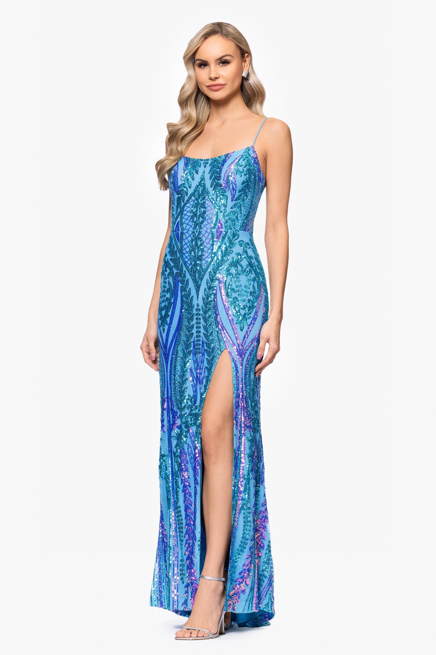 Blondie Nites "Nora" Sequin Scoop Neck Tieback Floor Length Dress