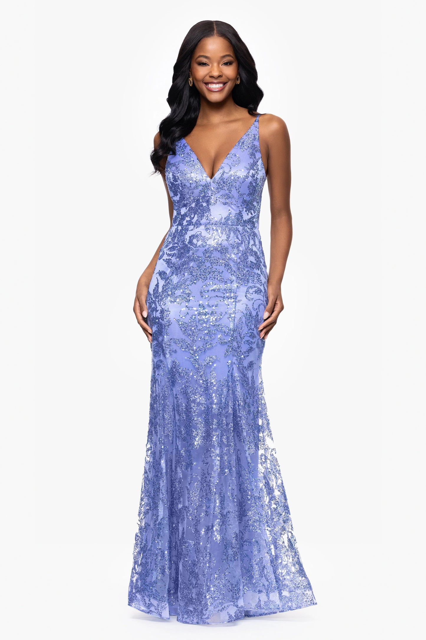 Blondie Nites "Zoey" Glitter V-Neck Floor Length Dress