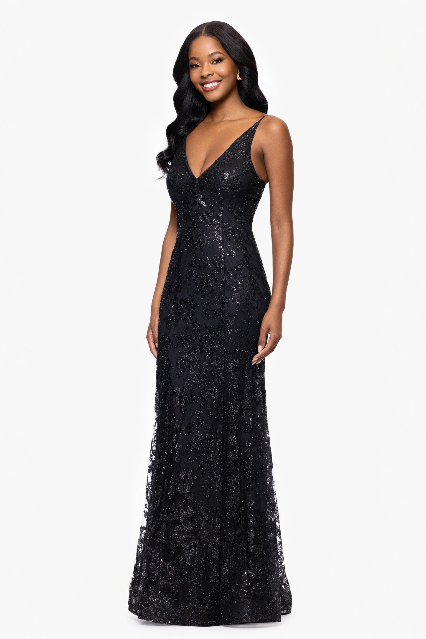 Blondie Nites "Zoey" Glitter V-Neck Floor Length Dress