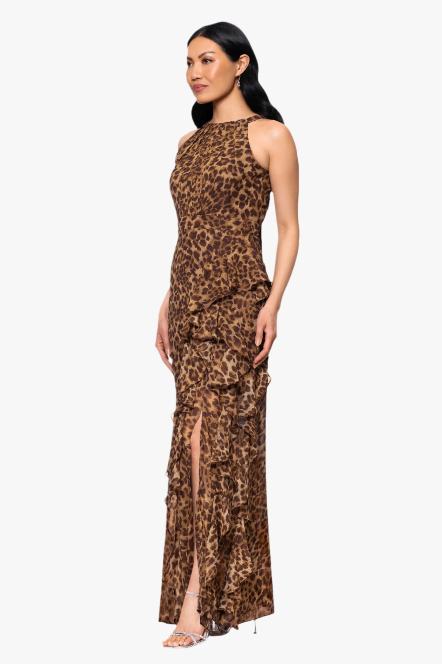 Petite "Andie" Print Chiffon Halter Neck Ruffle Floor Length Dress