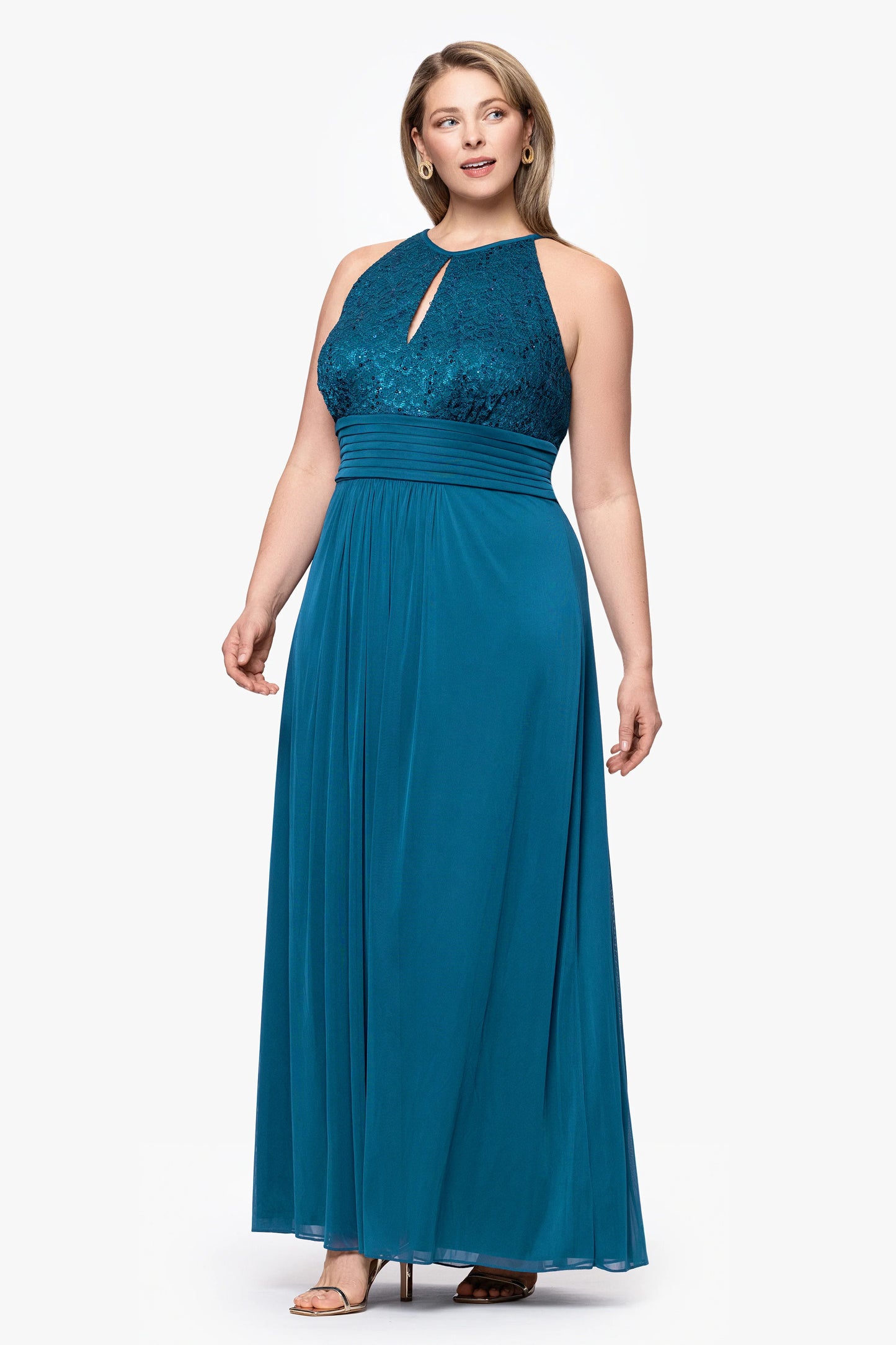 Plus "Selena" Jersey and Lace Halter Keyhole Neck Floor Length Dress