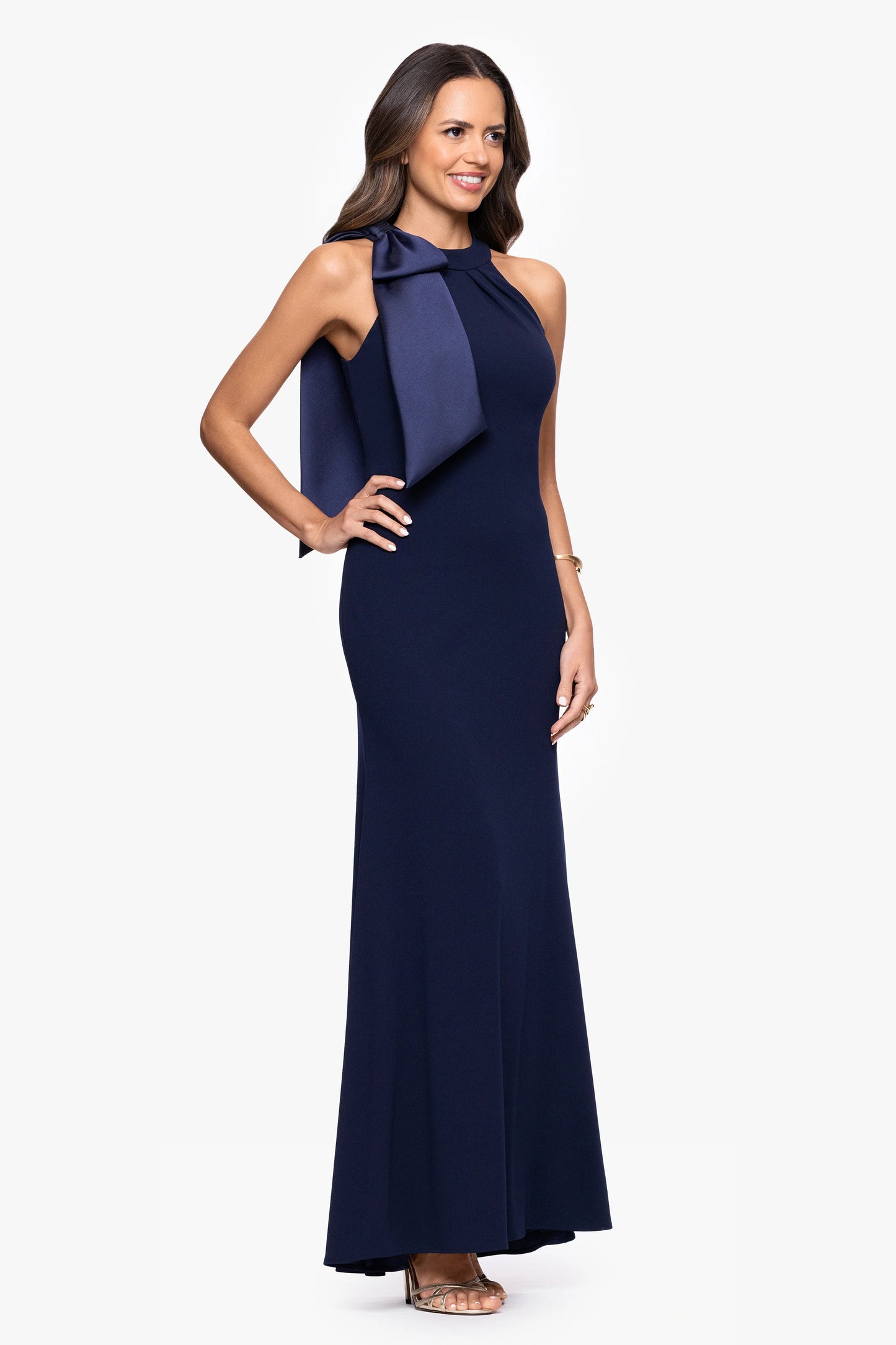 "Laney" Long Scuba Crepe Dress With Satin Bow