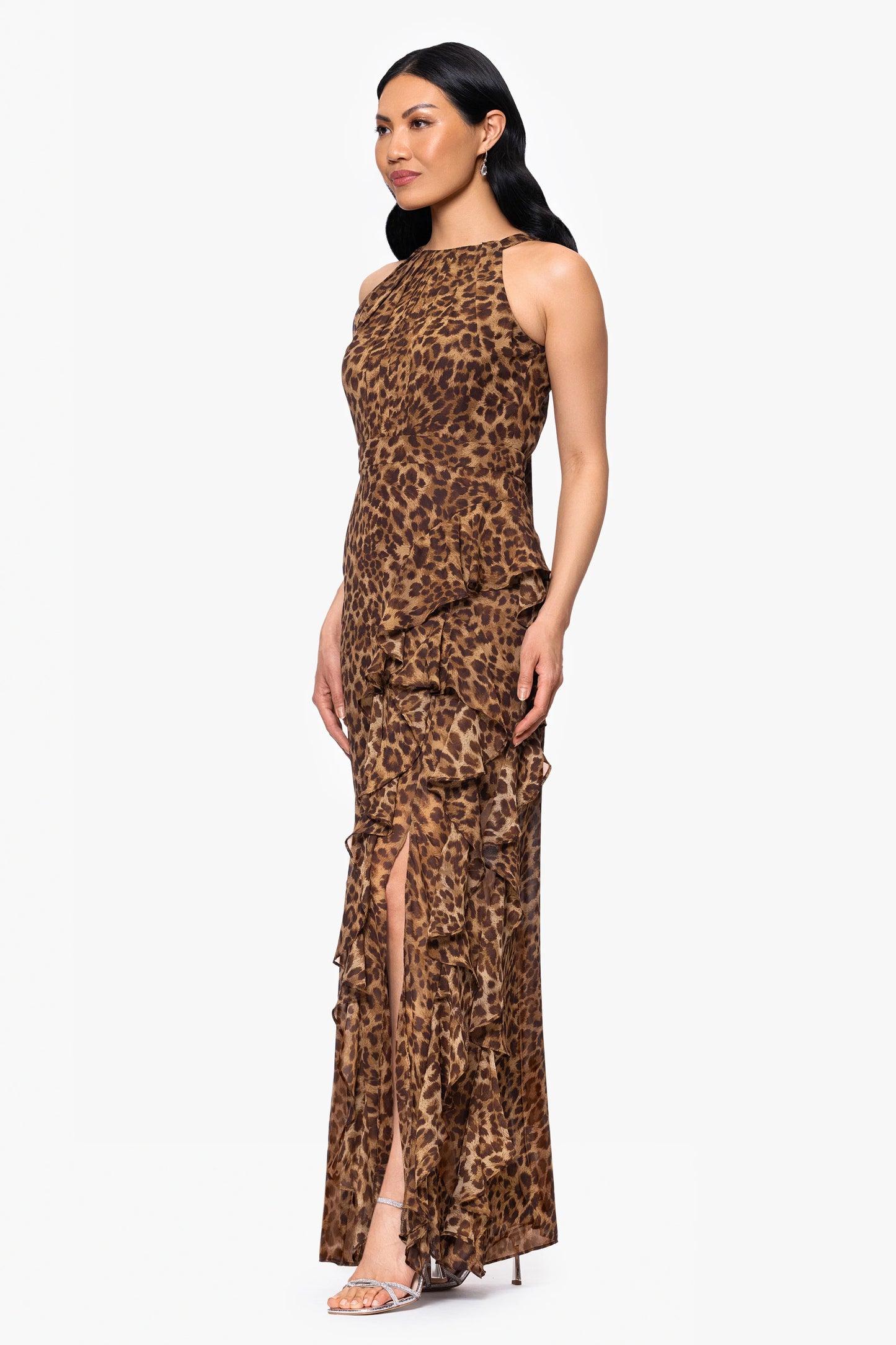 "Andie" Print Chiffon Halter Neck Ruffle Floor Length Dress