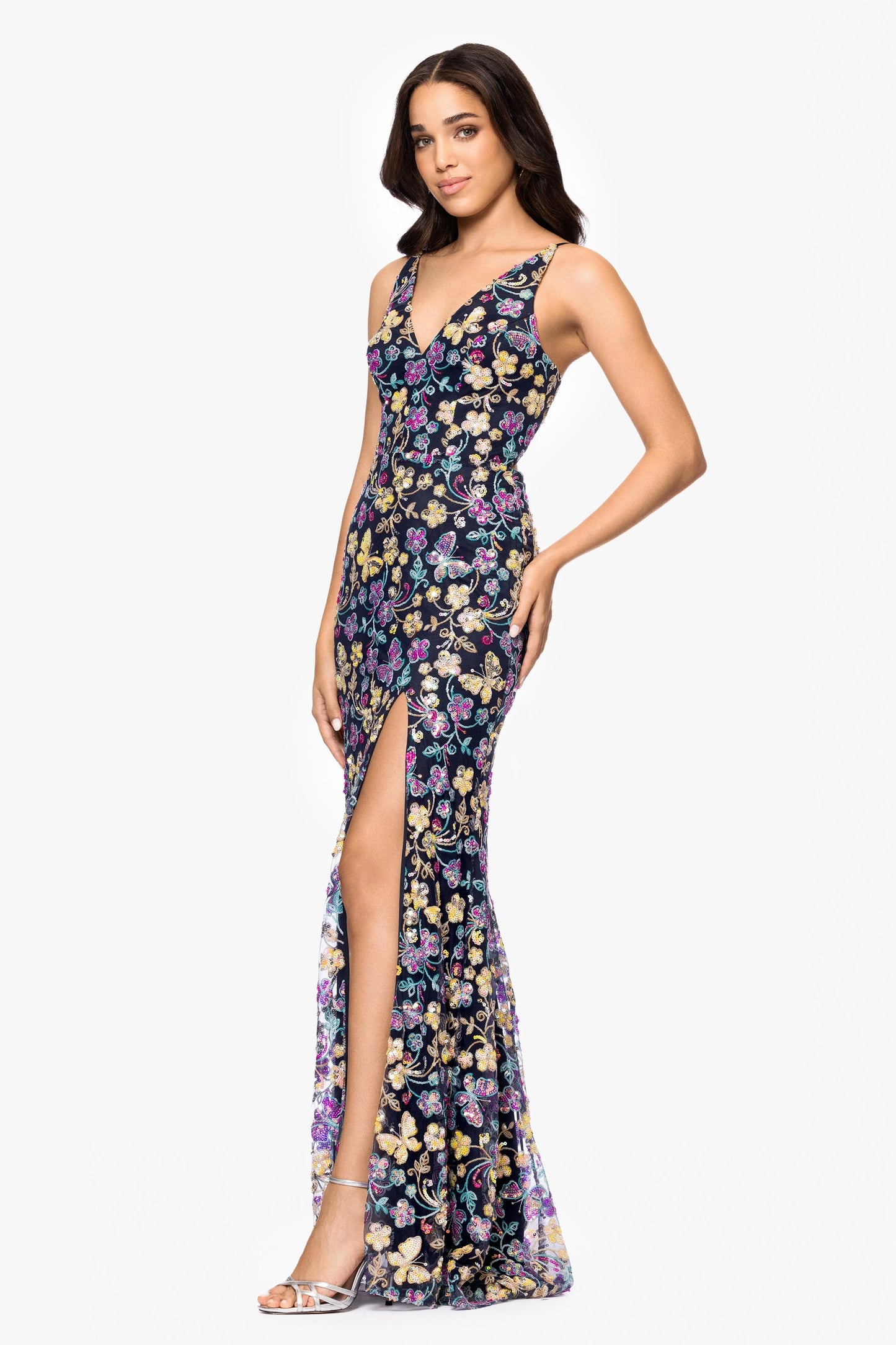 Blondie Nites "Carmen" Sequin Pattern V-Neck Floor Length Dress