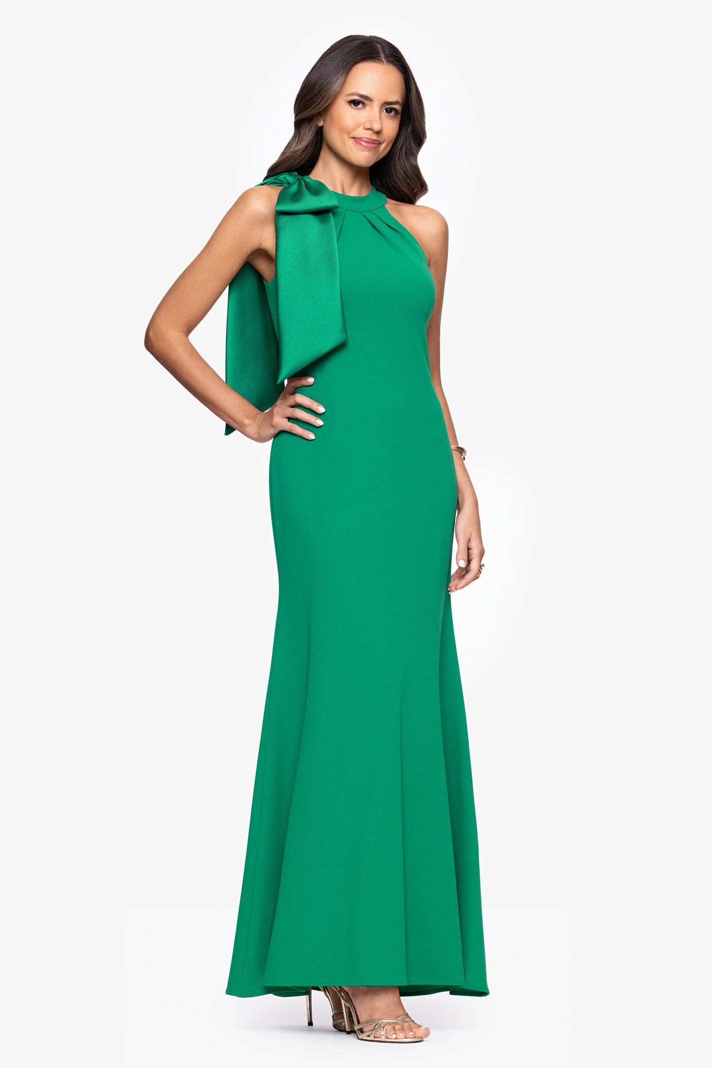 "Laney" Long Scuba Crepe Dress With Satin Bow