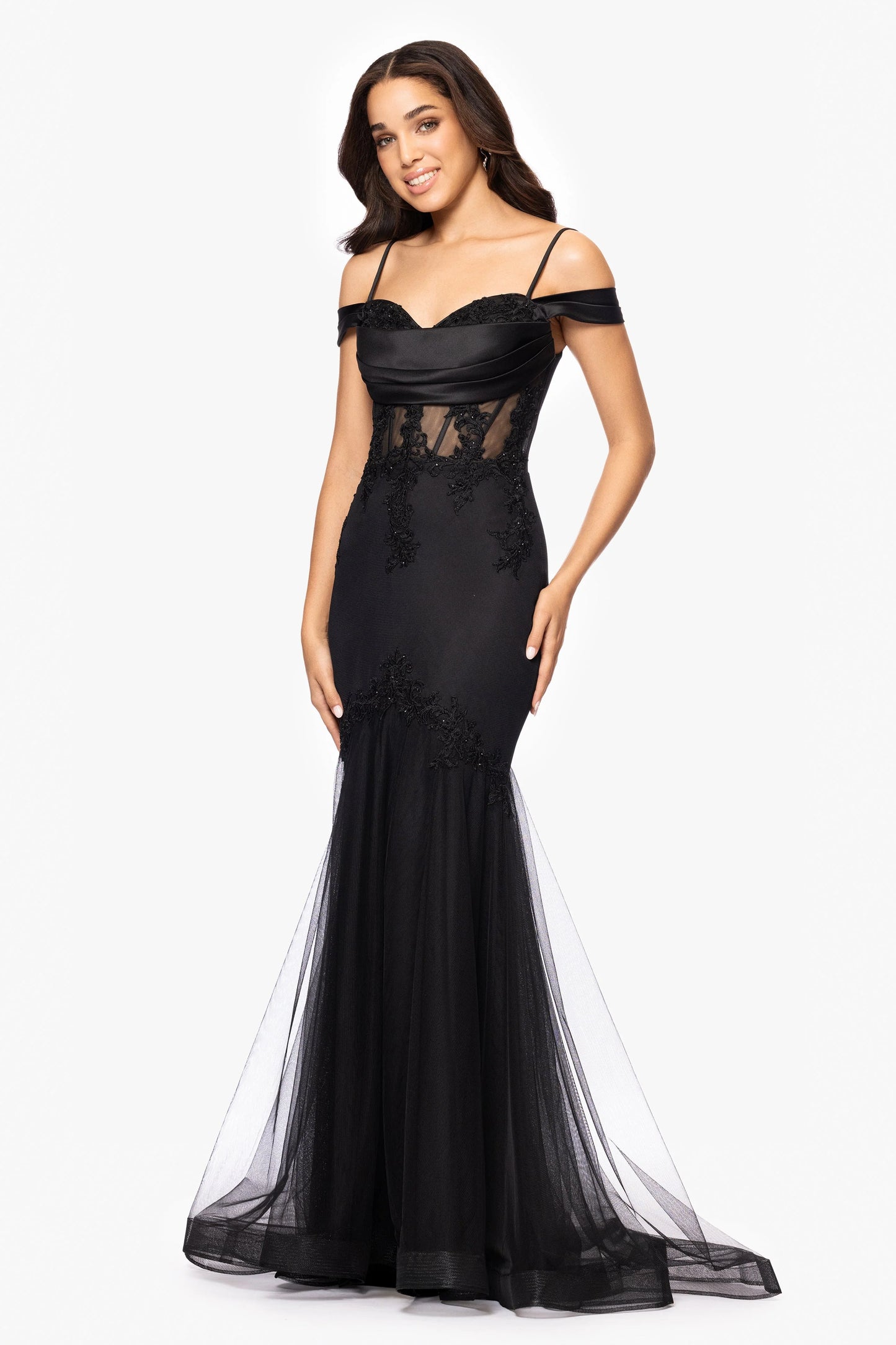 Blondie Nites "Miranda" Mesh Off the Shoulder Applique Floor Length Dress
