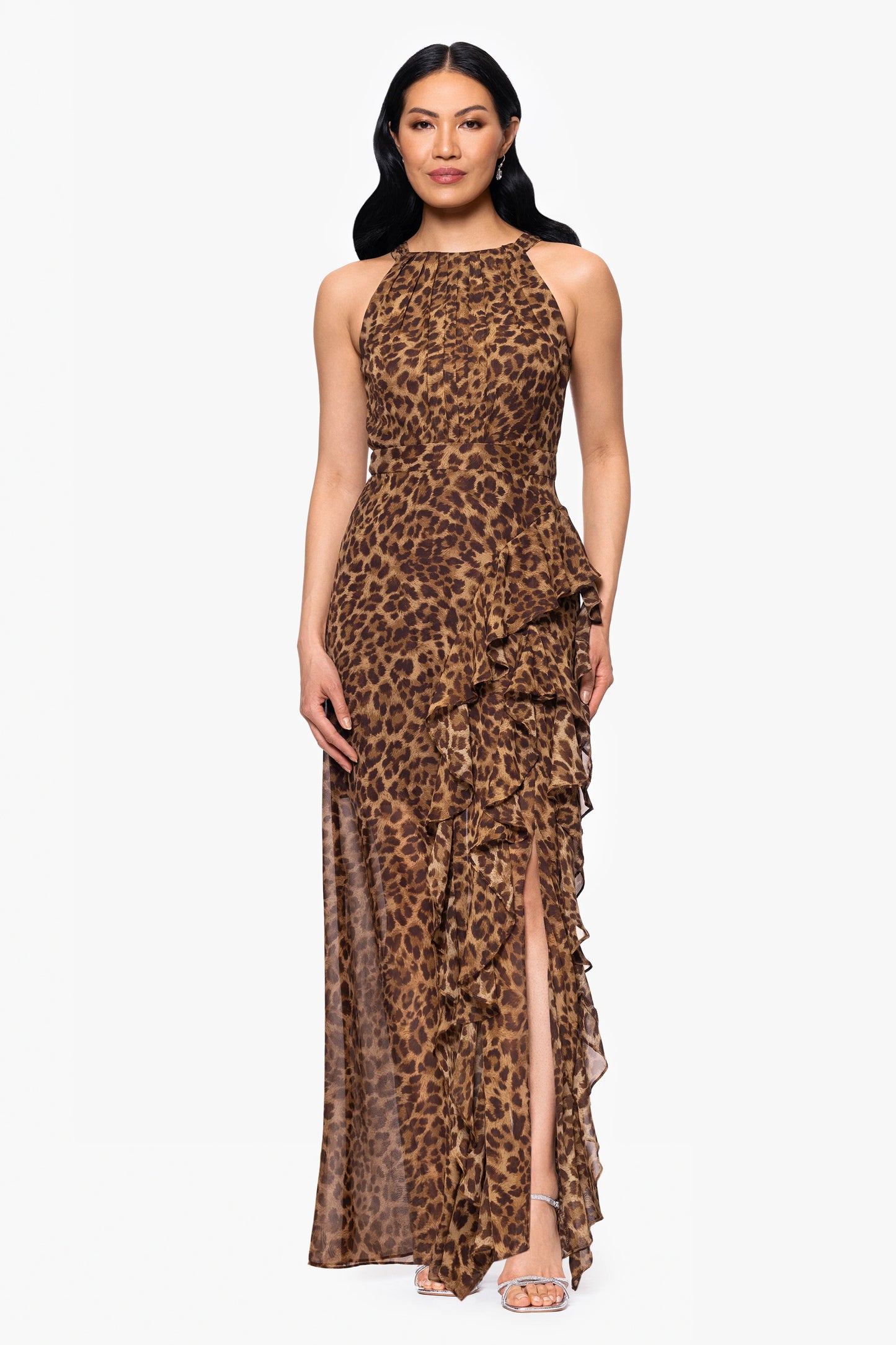 "Andie" Print Chiffon Halter Neck Ruffle Floor Length Dress
