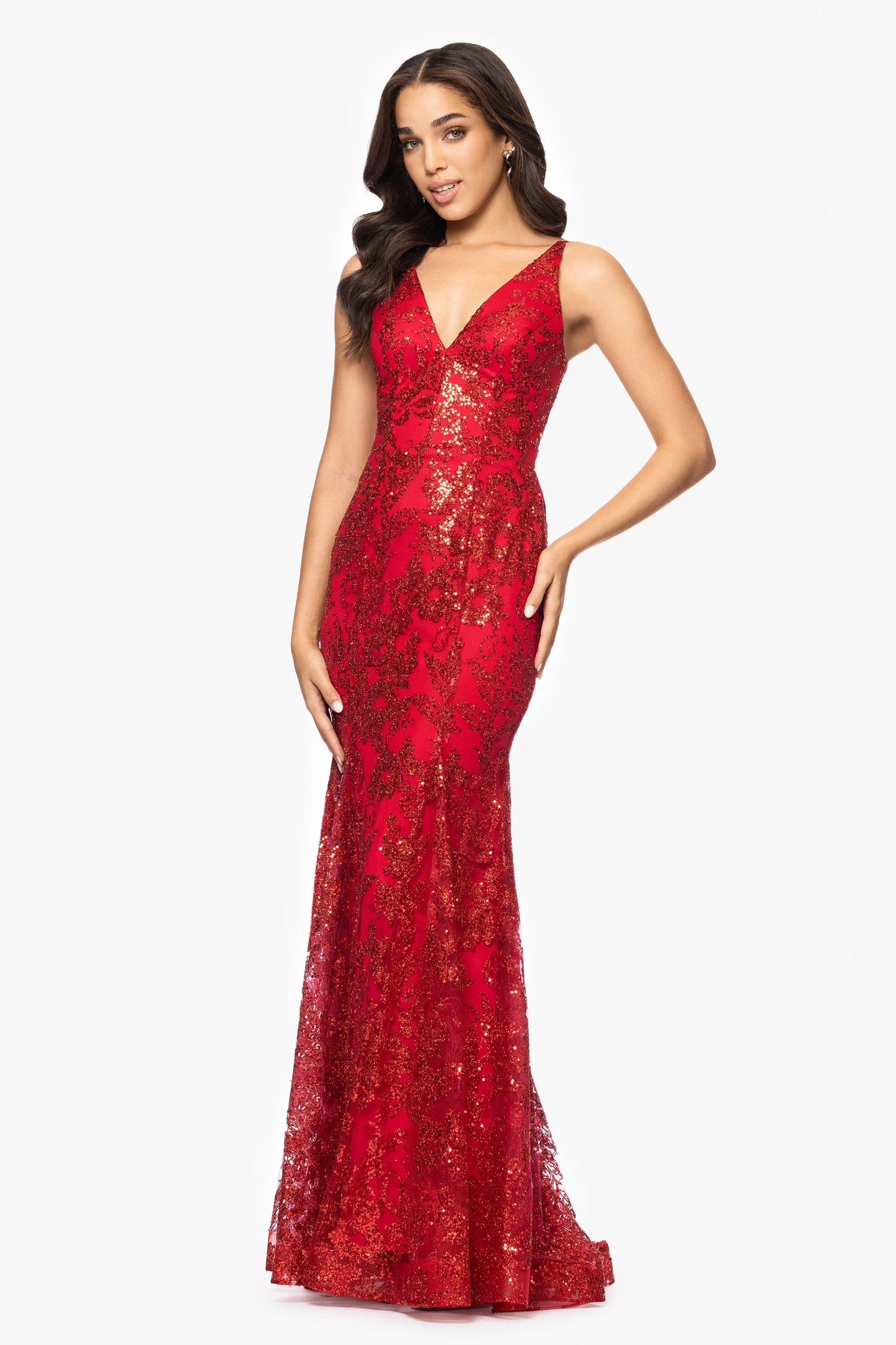 Blondie Nites "Zoey" Glitter V-Neck Floor Length Dress