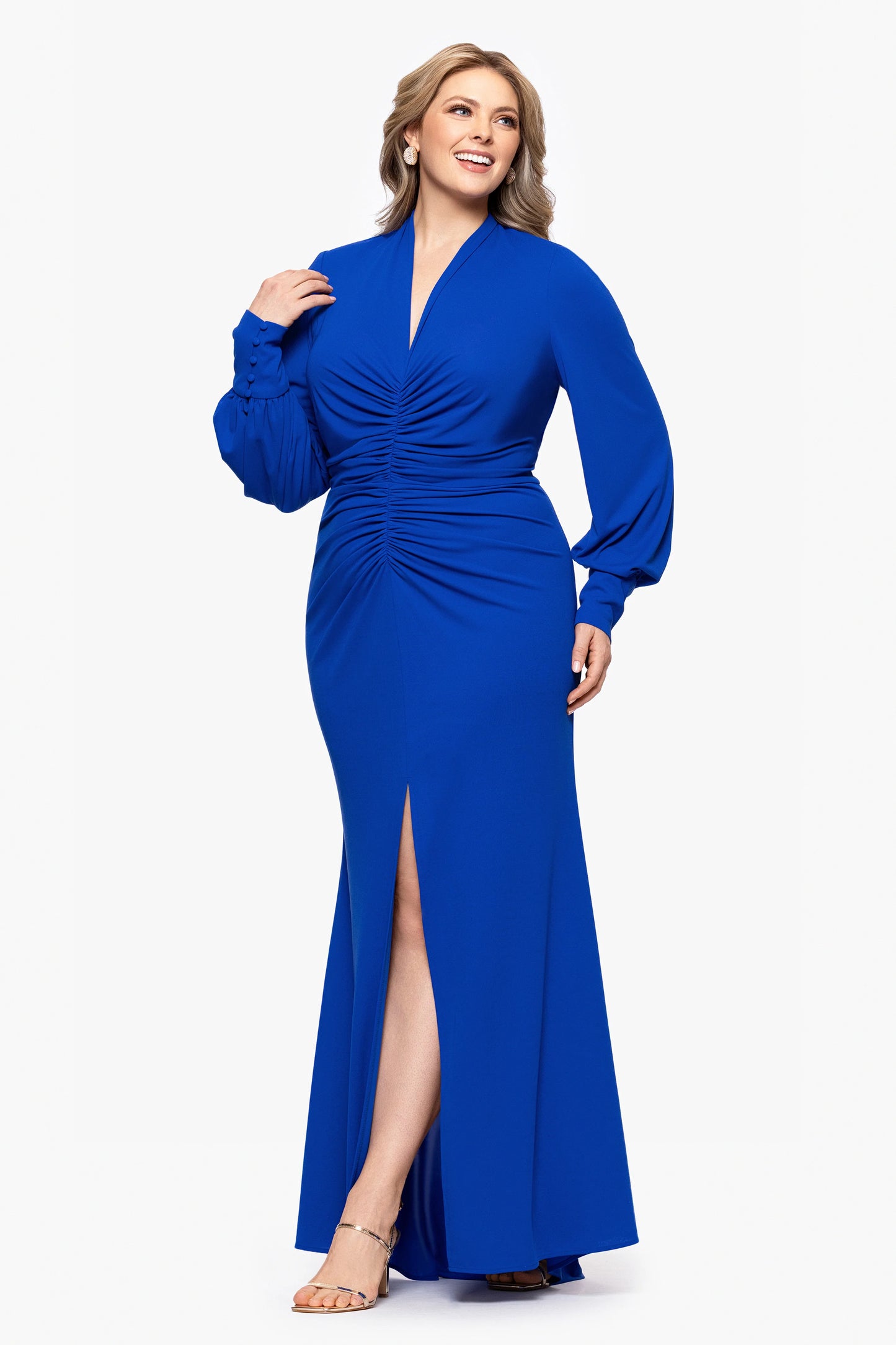 Plus "Julia" Matte Jersey Rouched Long Sleeve Floor Length Dress
