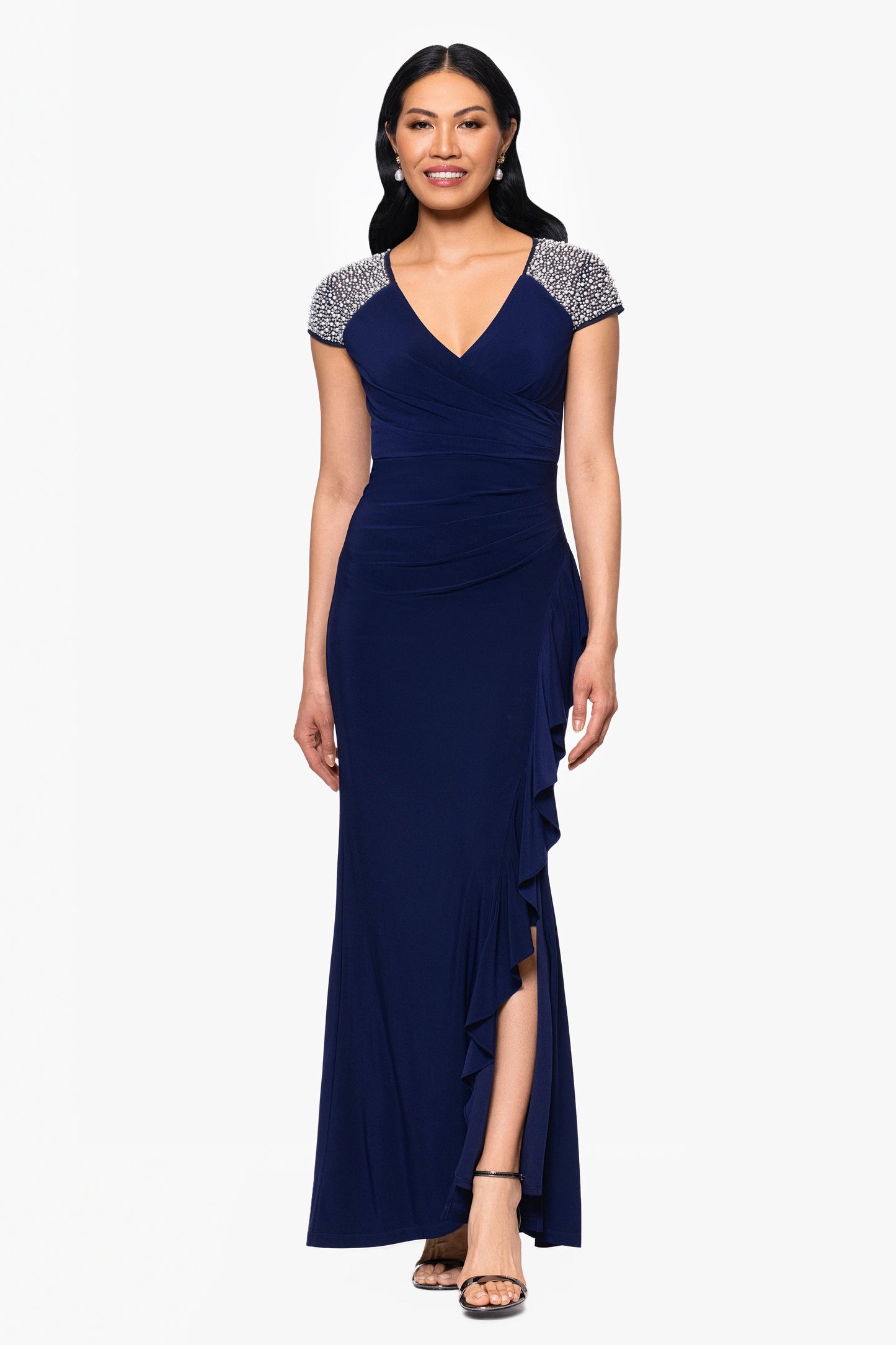 "Aaliyah" Jersey Knit Embellished Short Sleeve Ruffle Floor Length Dress