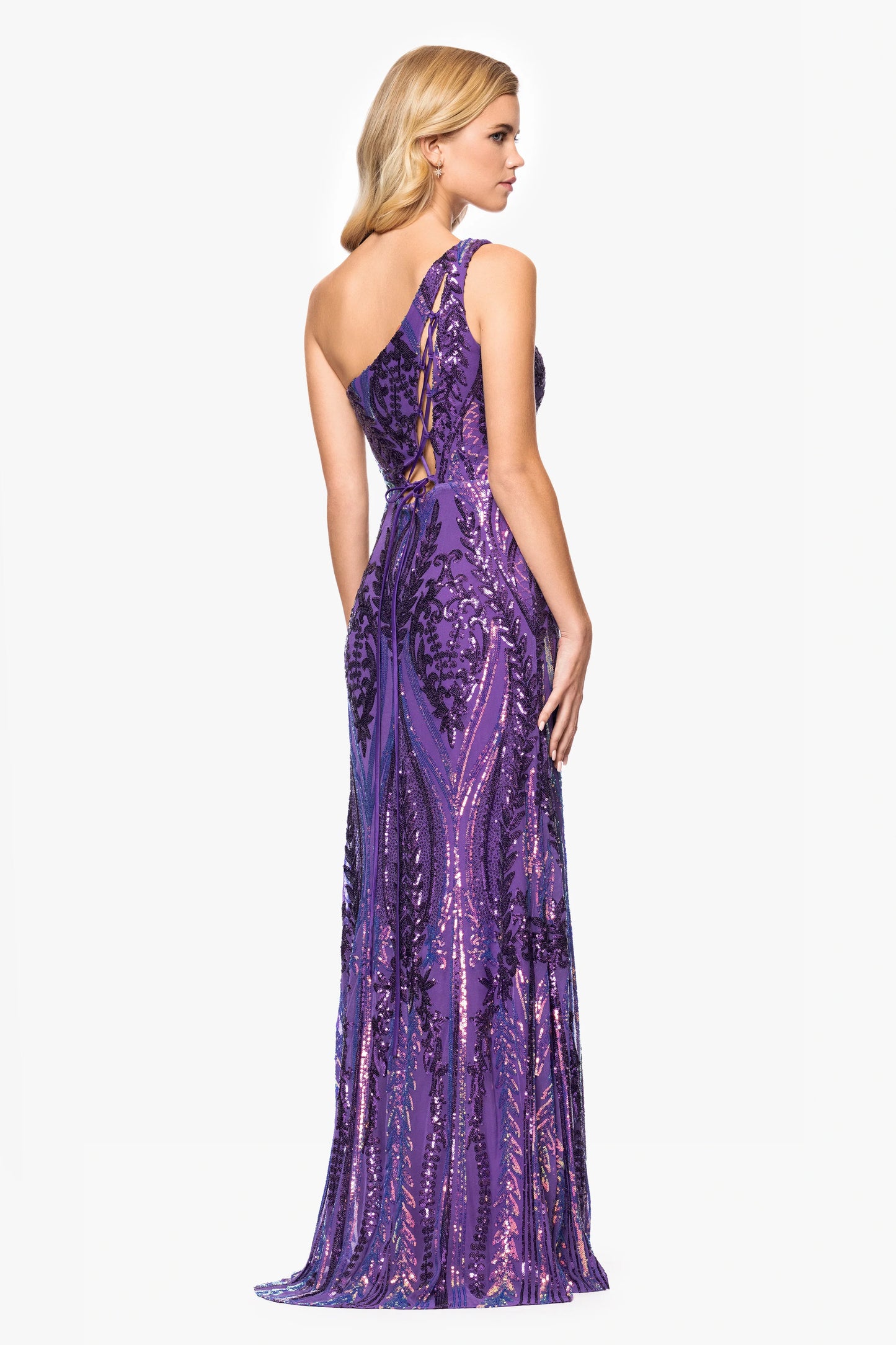 Blondie Nites "Terri" Long Placement Sequin One Shoulder Dress