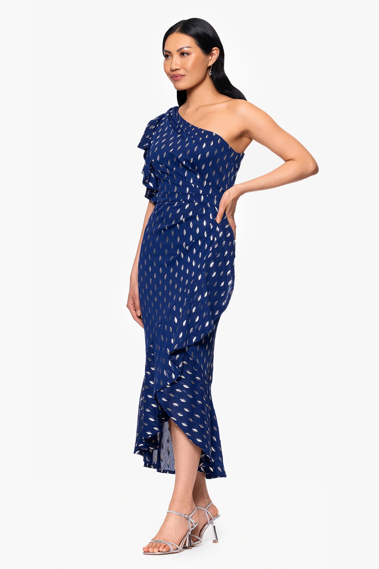 "Nyla" Chiffon One Shoulder Ruffle Midi Dress