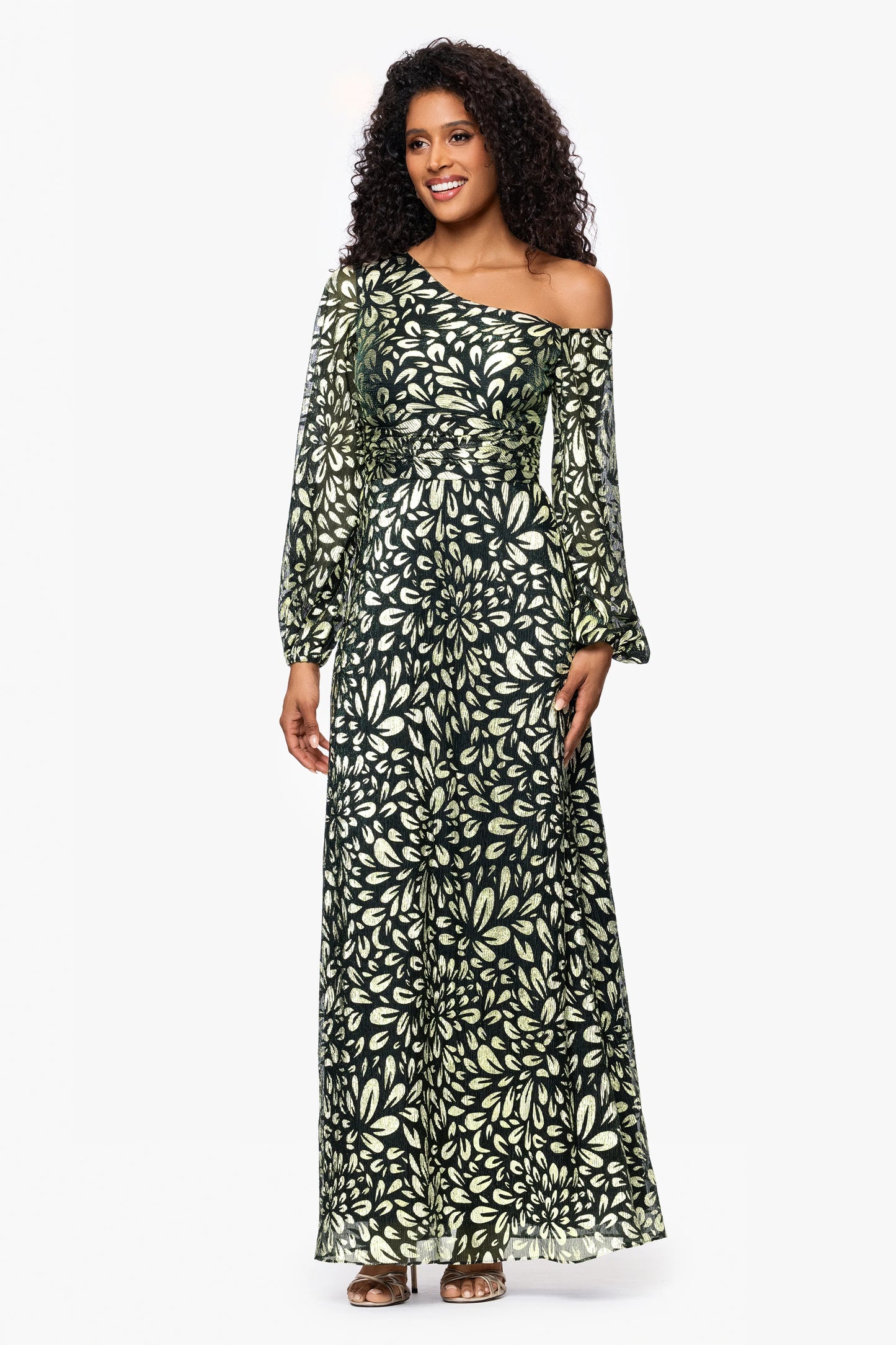 Petite "Malia" Metallic Off the Shoulder Long Sleeve Floor Length Dress