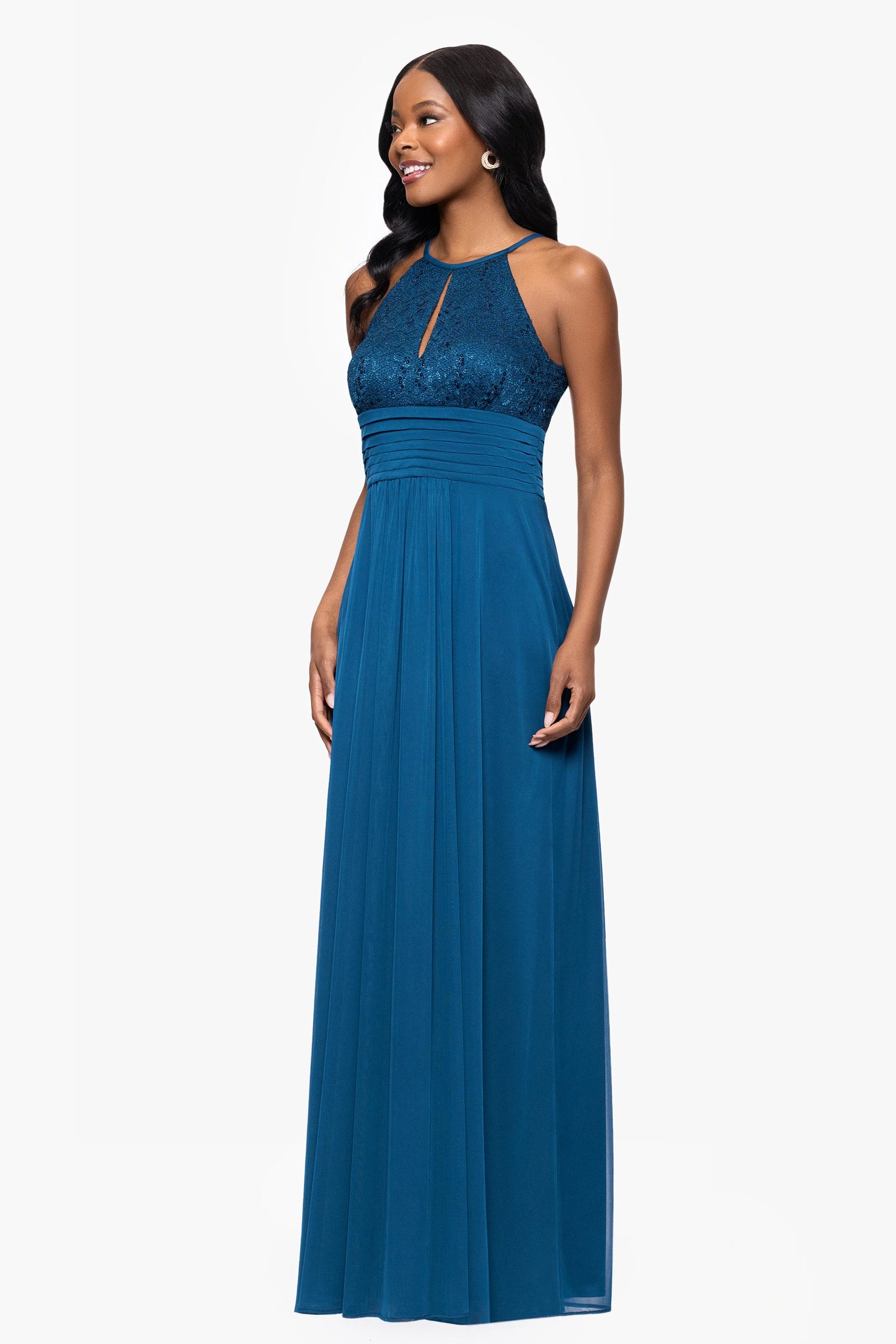 Petite "Selena" Jersey and Lace Halter Keyhole Neck Floor Length Dress