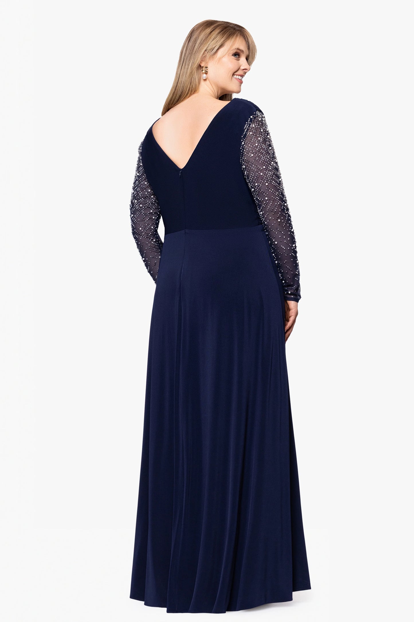 Plus "Sharleen" Jersey Knit Beaded Long Sleeve Floor Length Dress