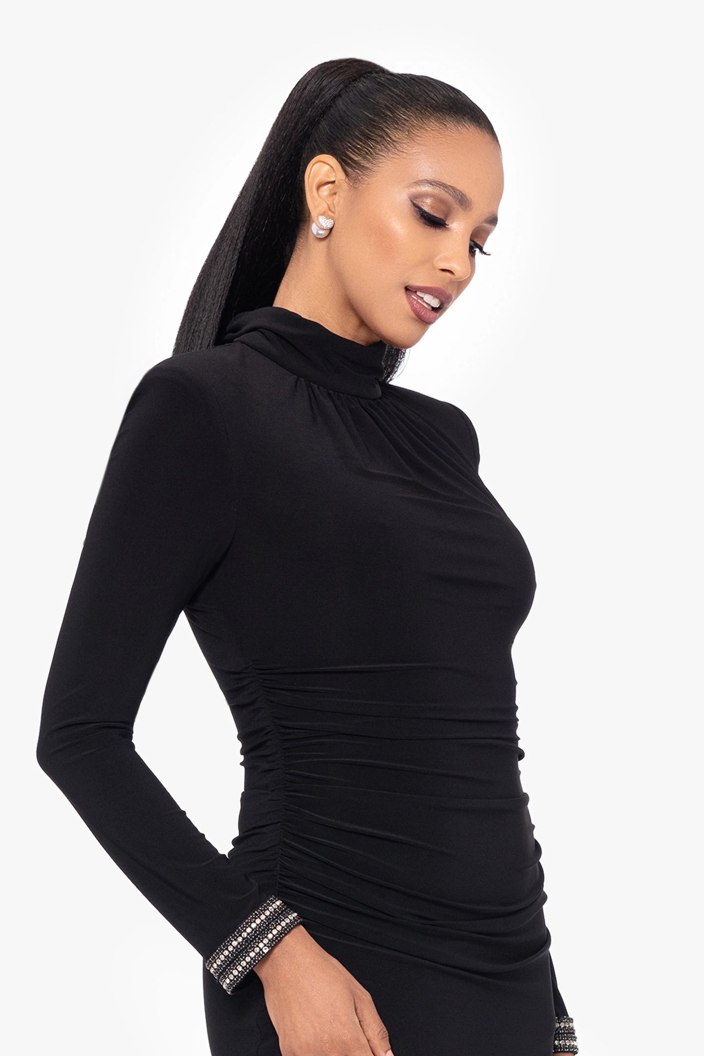 Petite "Roxie" Long Jersey Knit Mock Neck Embellished Wrist Floor Length Dress