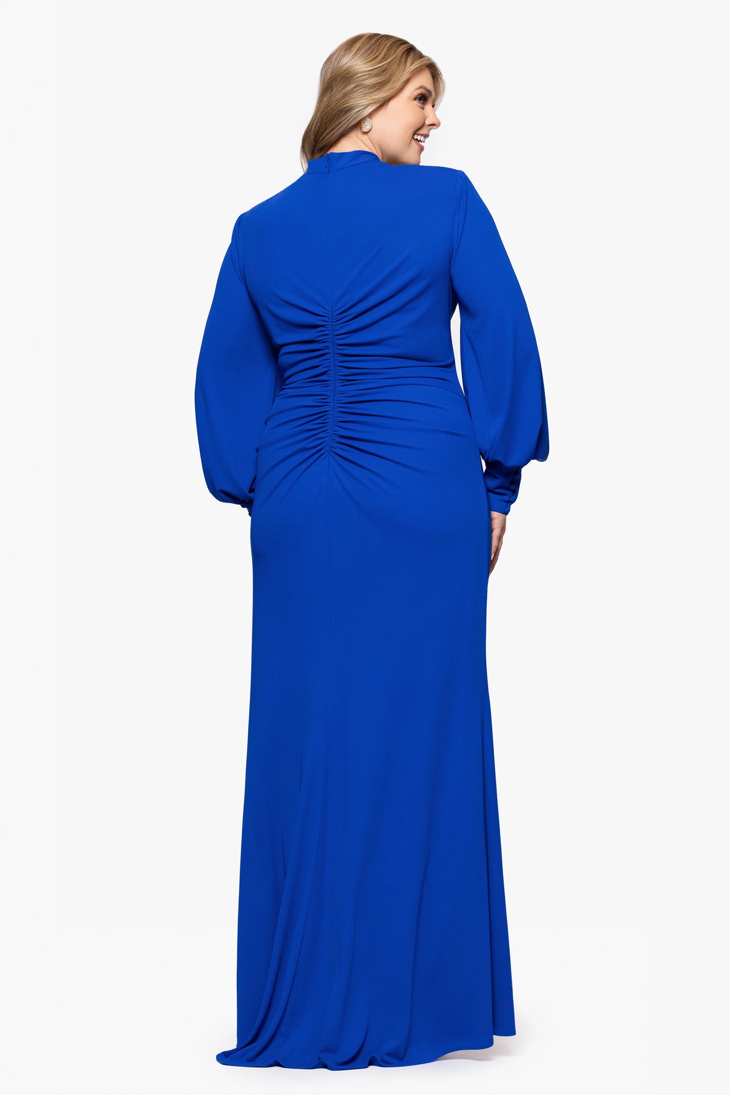 Plus "Julia" Matte Jersey Rouched Long Sleeve Floor Length Dress