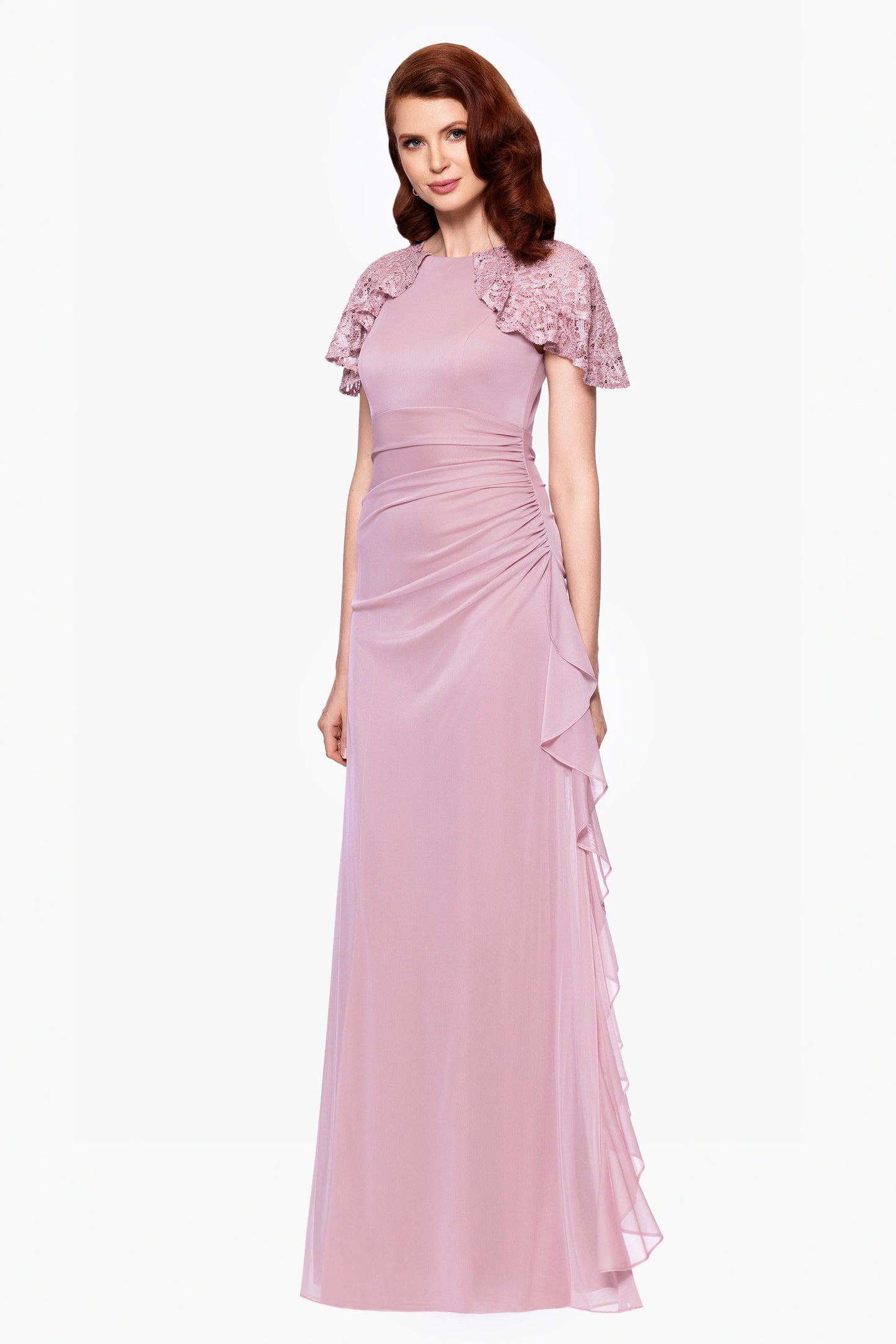 "Alexia" Sheer Matte Jersey With Lace Sleeves Floor Length Dress