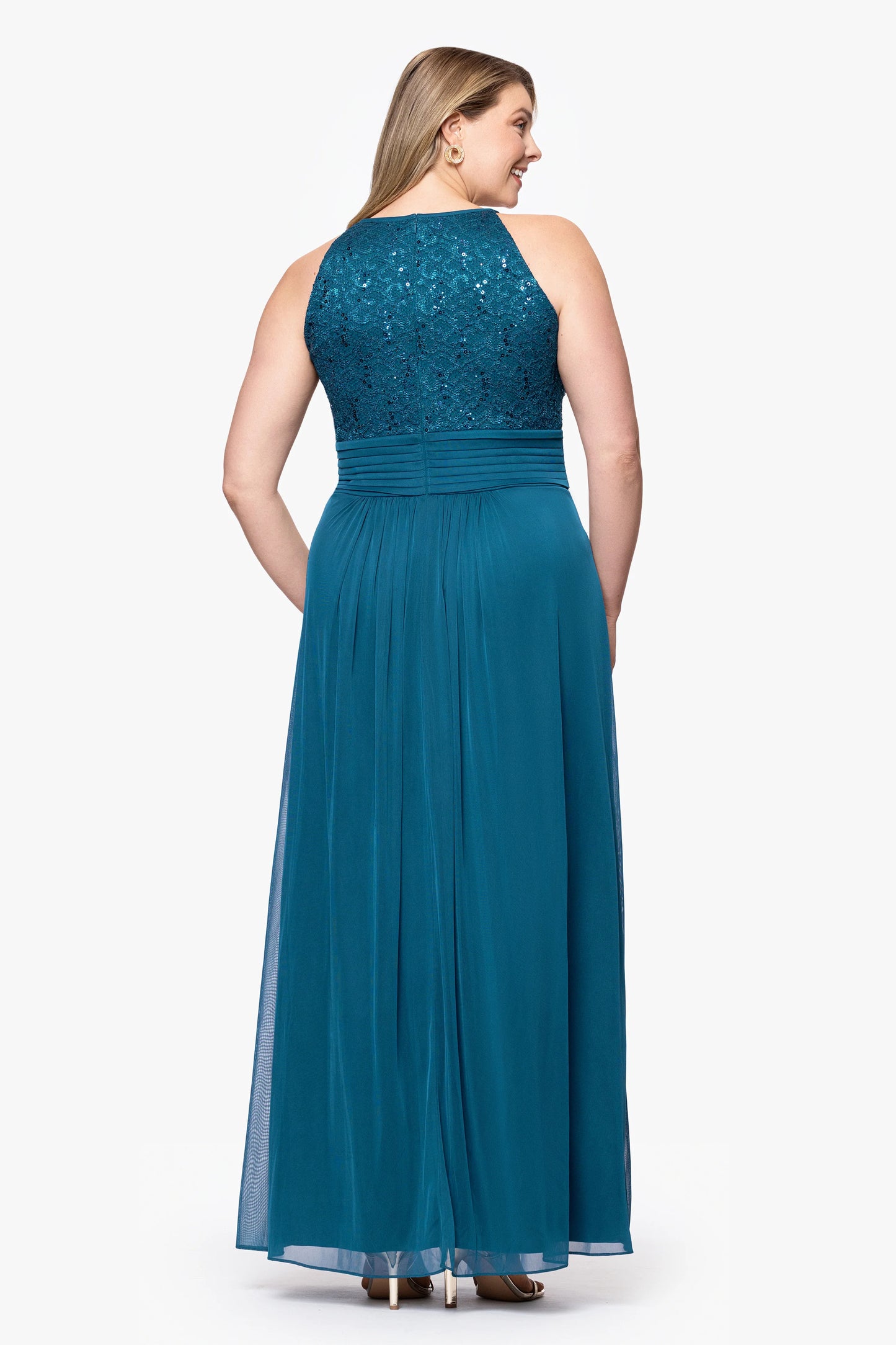 Plus "Selena" Jersey and Lace Halter Keyhole Neck Floor Length Dress