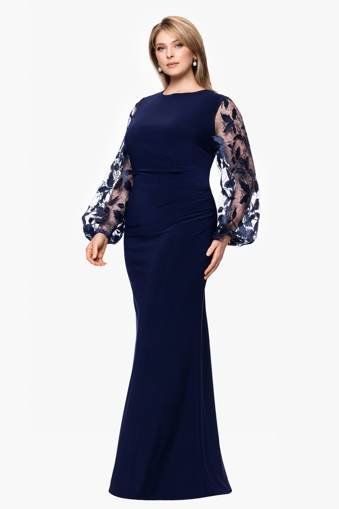 Plus "Roxanna" Jersey Knit Embellished Long Sleeve Floor Length Dress