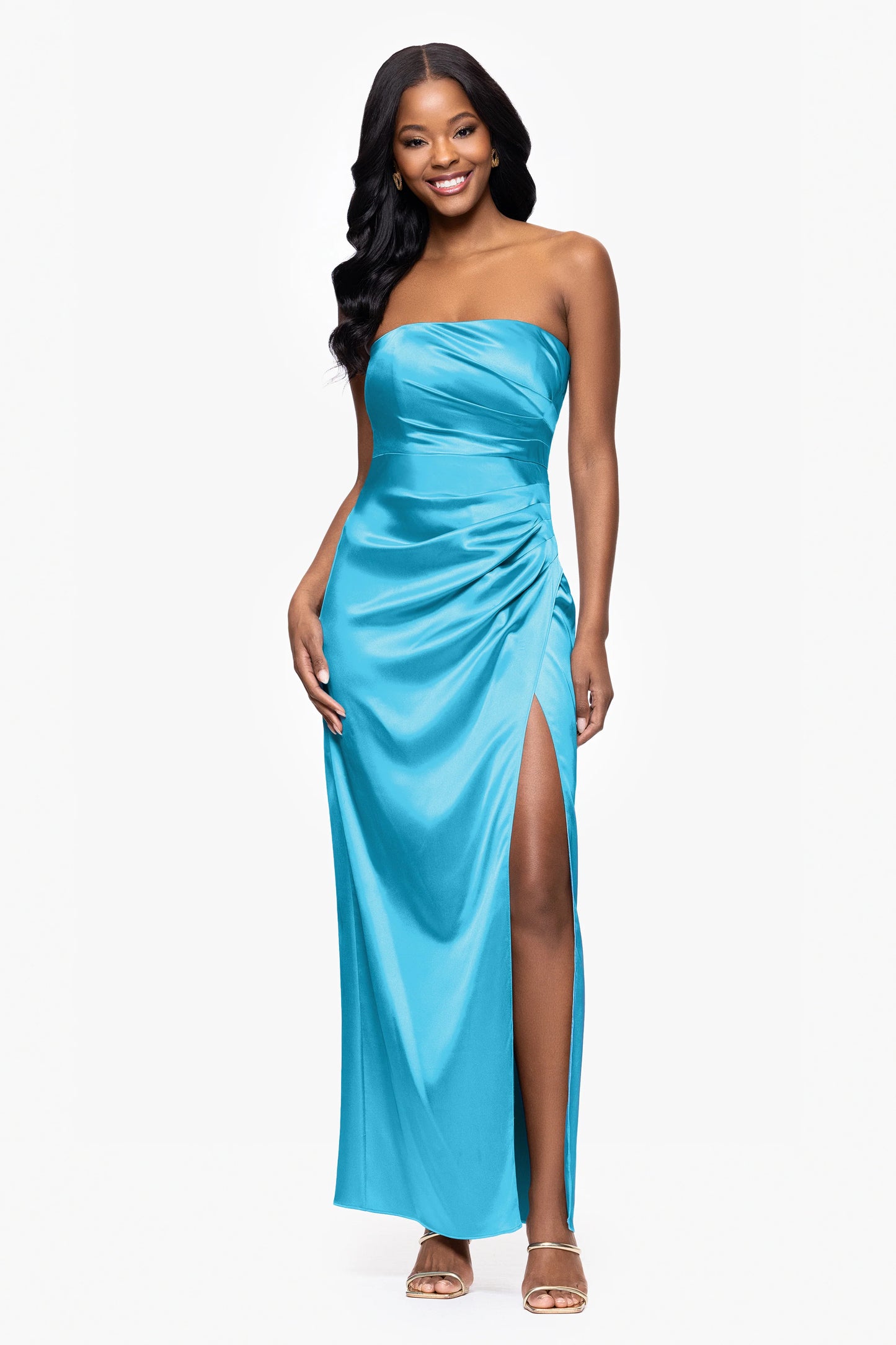 Blondie Nites "Molly" Satin Strapless Leg Slit Floor Length Dress
