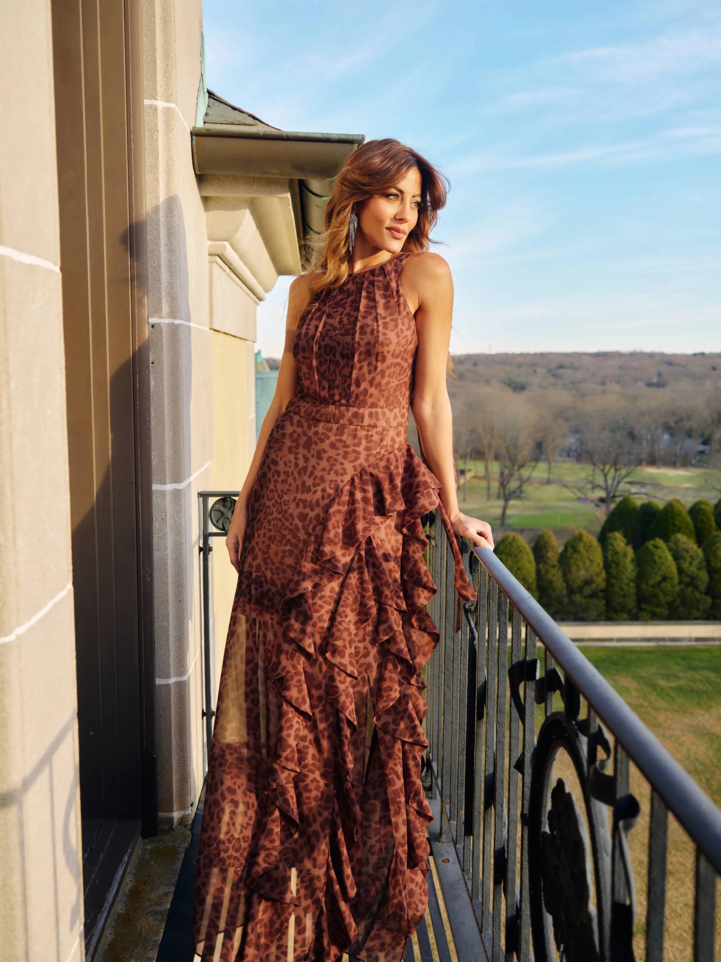 "Andie" Print Chiffon Halter Neck Ruffle Floor Length Dress