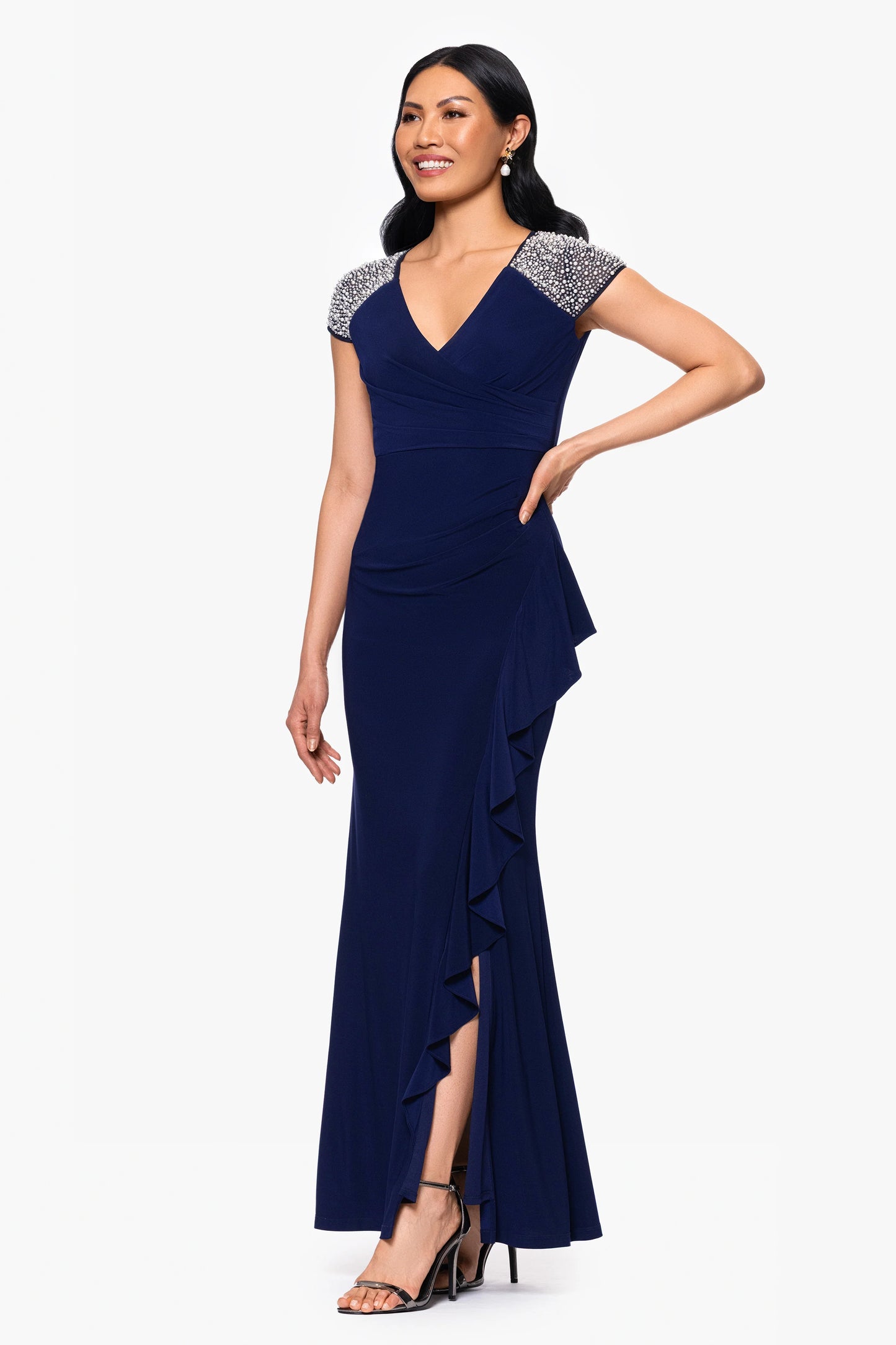 "Aaliyah" Jersey Knit Embellished Short Sleeve Ruffle Floor Length Dress