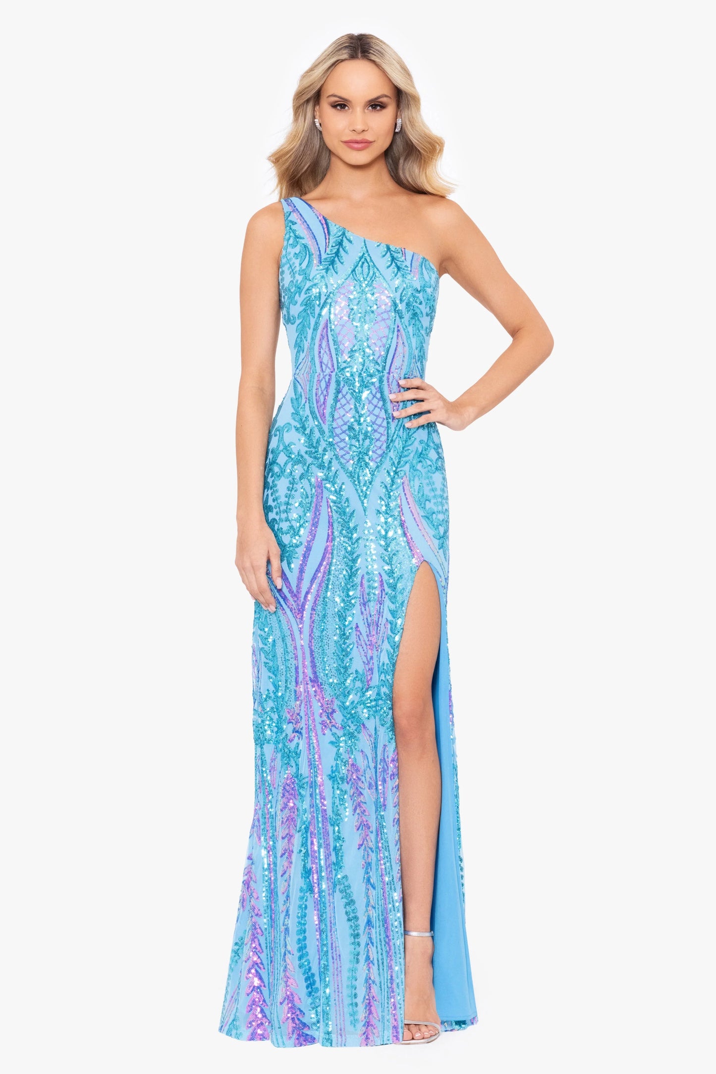 Blondie Nites "Terri" Long Placement Sequin One Shoulder Dress