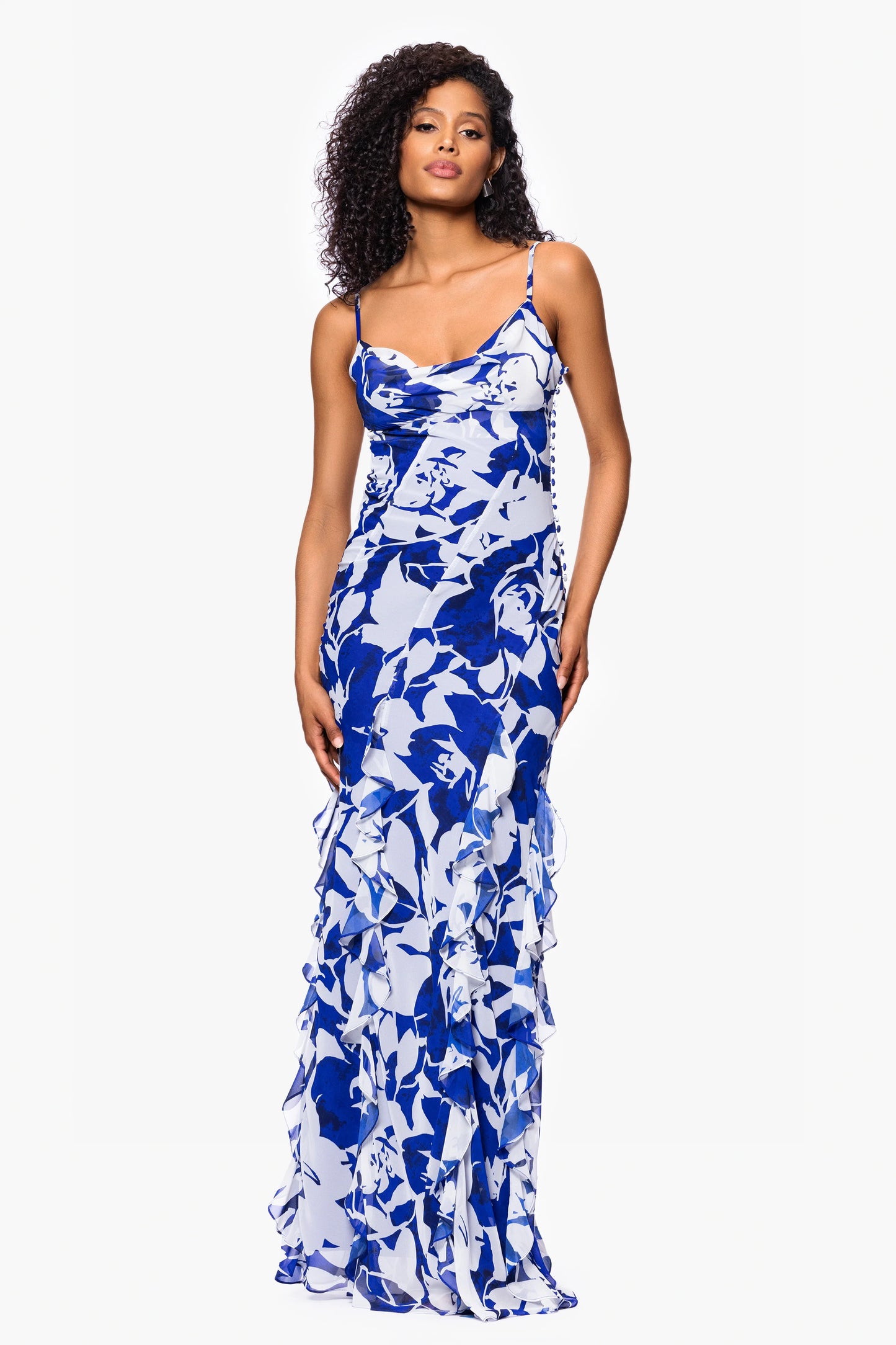 "Georgina" Print Chiffon Ruffle Floor Length Dress