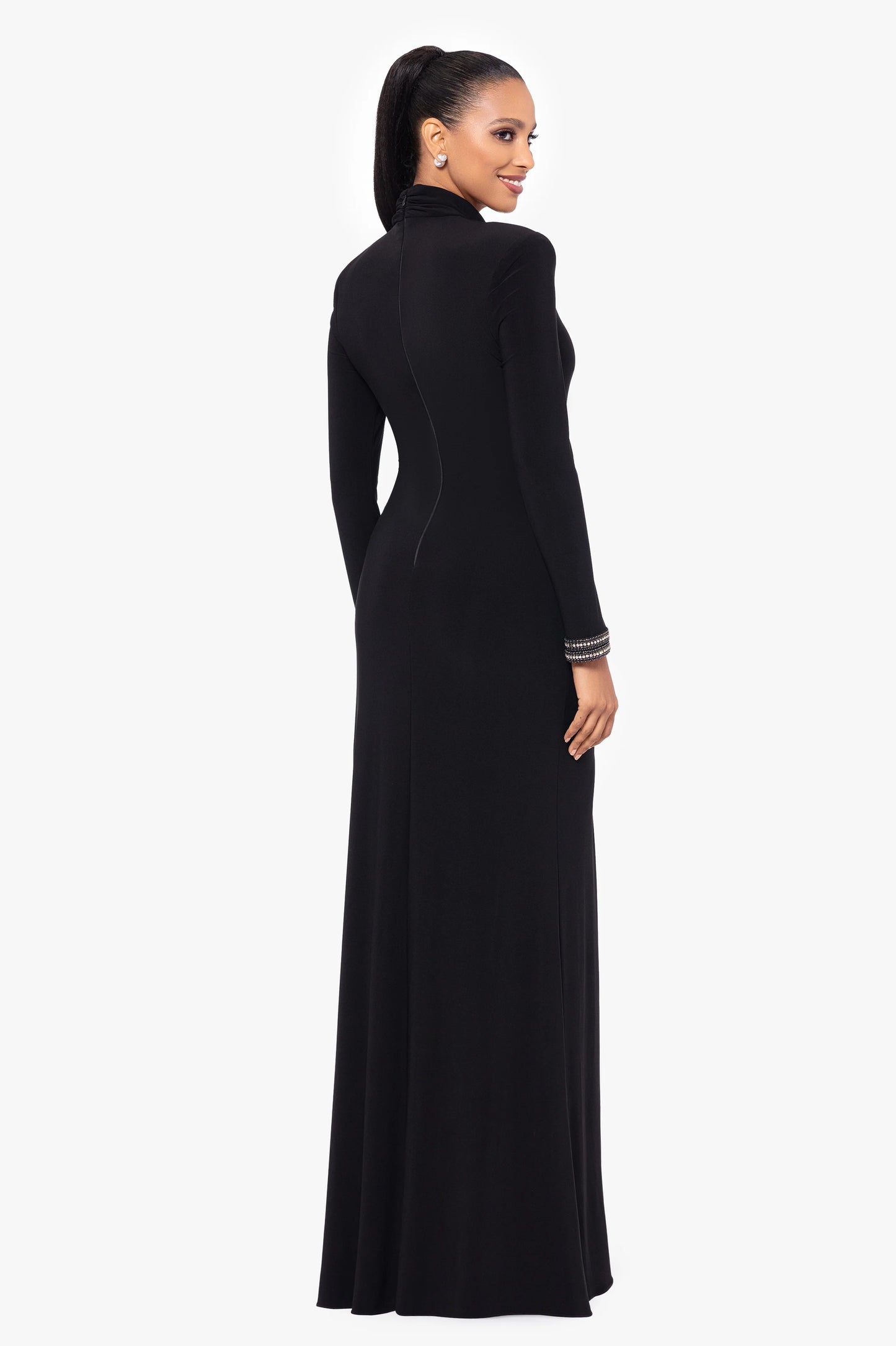 Petite "Roxie" Long Jersey Knit Mock Neck Embellished Wrist Floor Length Dress