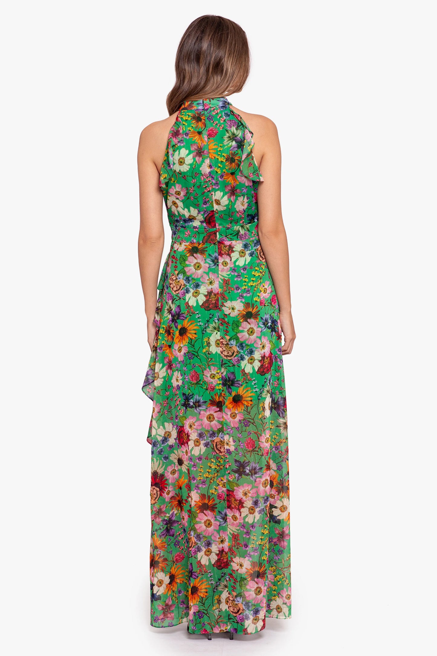 "Cameron" Long Chiffon Print Halter Flutter Dress