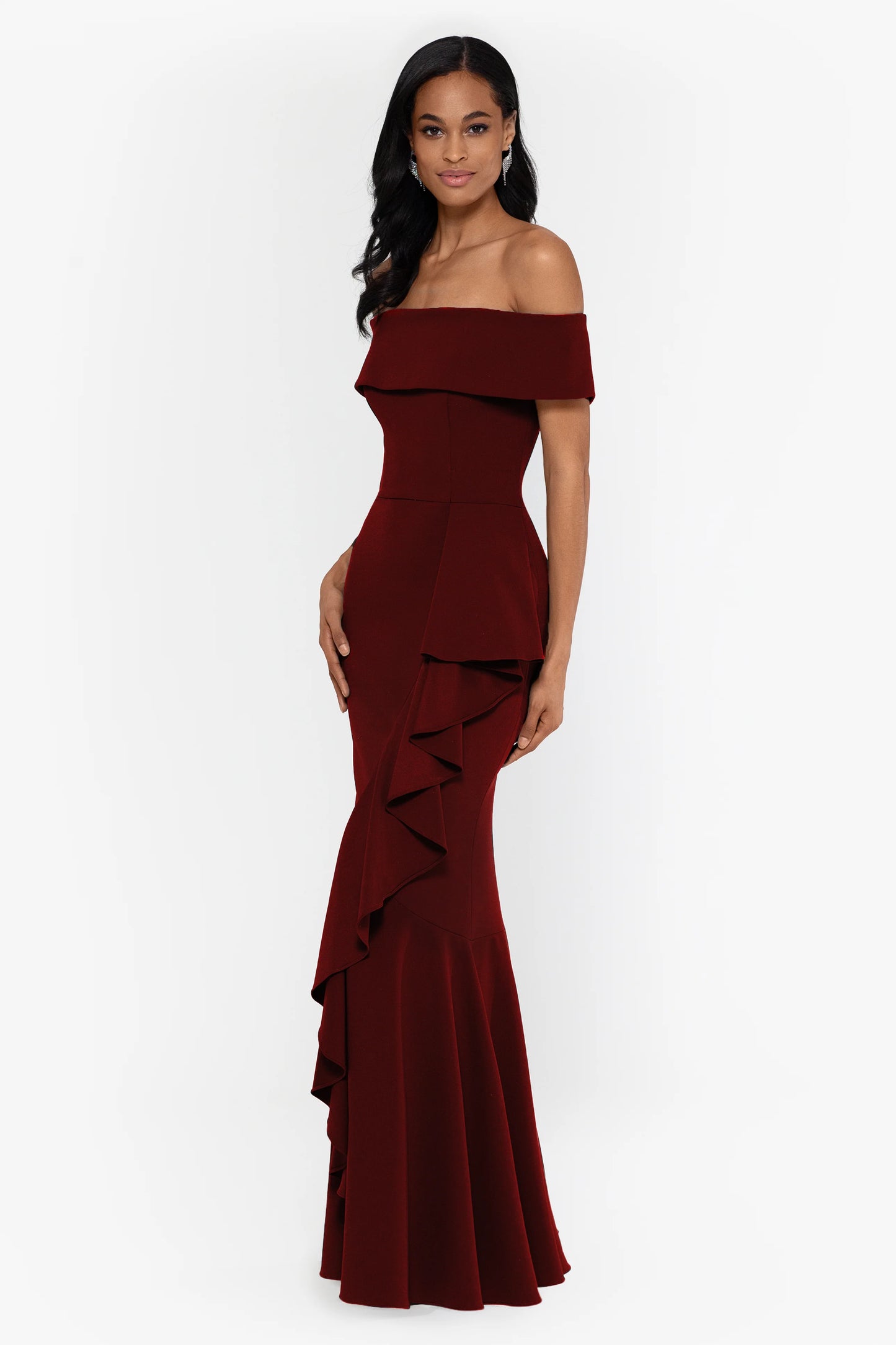 Petite "Carina" Long Off the Shoulder Ruffle Dress