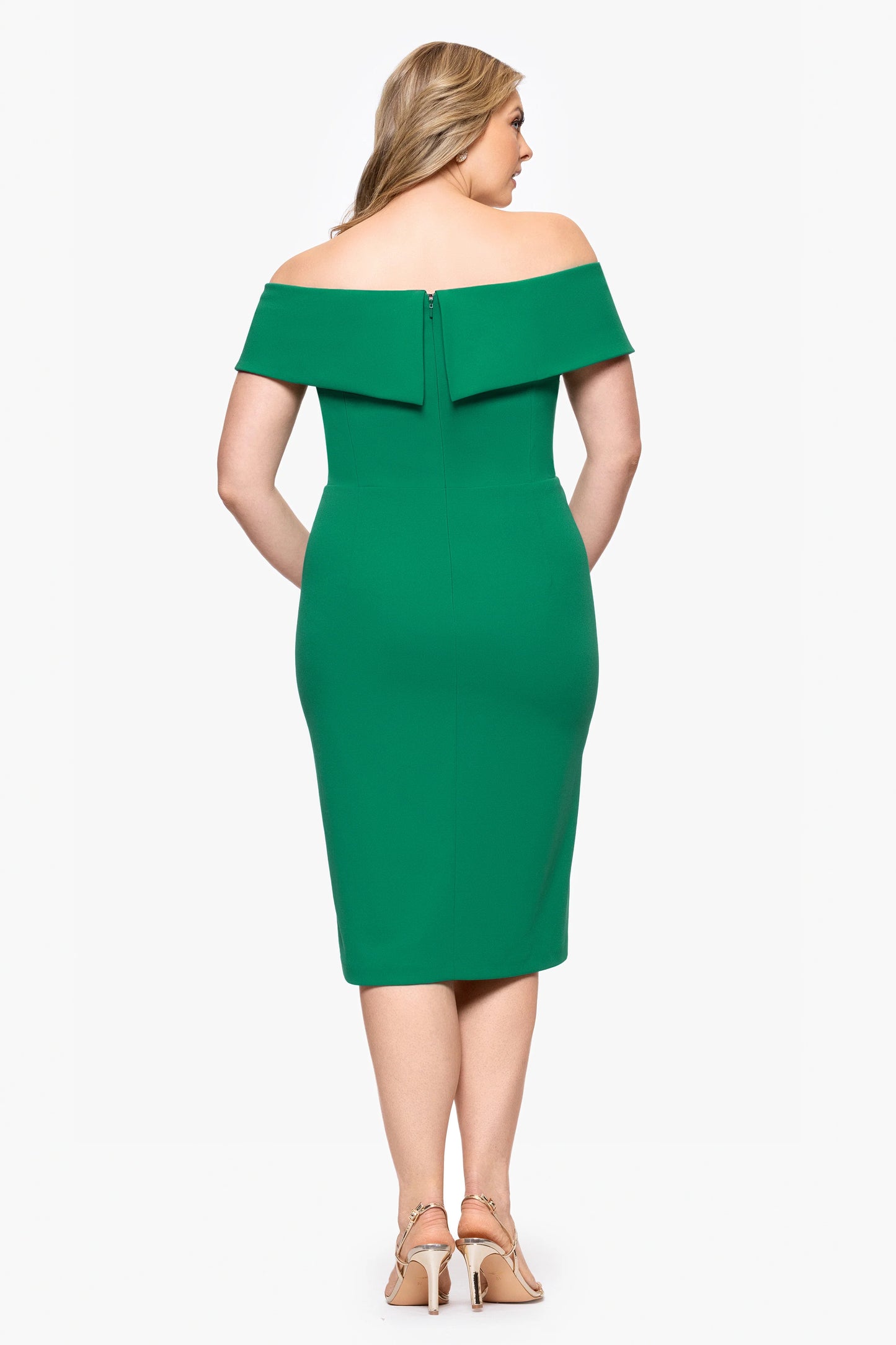 Plus "Kourtney" Scuba Crepe Off the Shoulder Ruffle Midi Dress